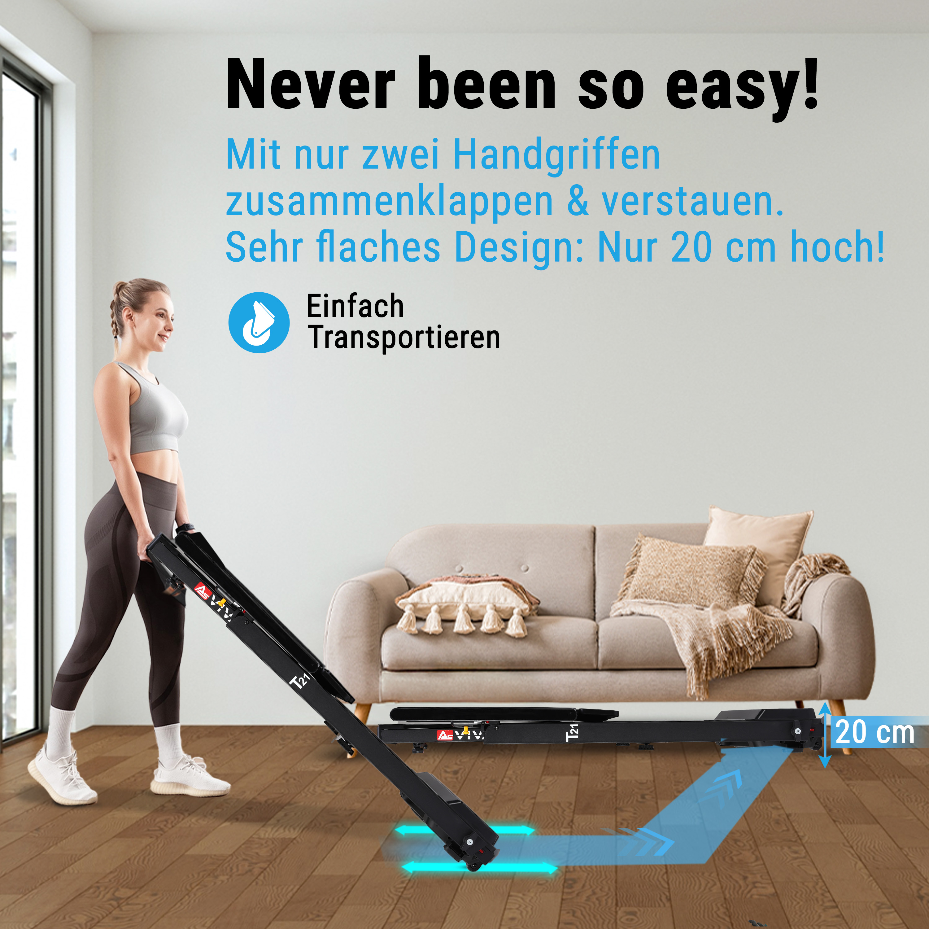 Frau klappt ein Laufband zusammen. Es ist 20 cm hoch.