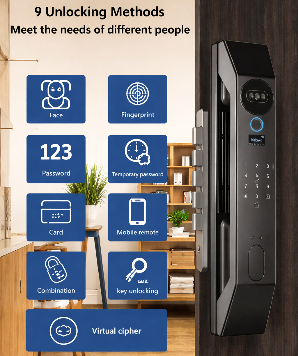 Serratura smart con 9 metodi di sblocco: Viso, Impronta, Password, Carta, Combinazione, Mobile, Chiave, Virtuale.