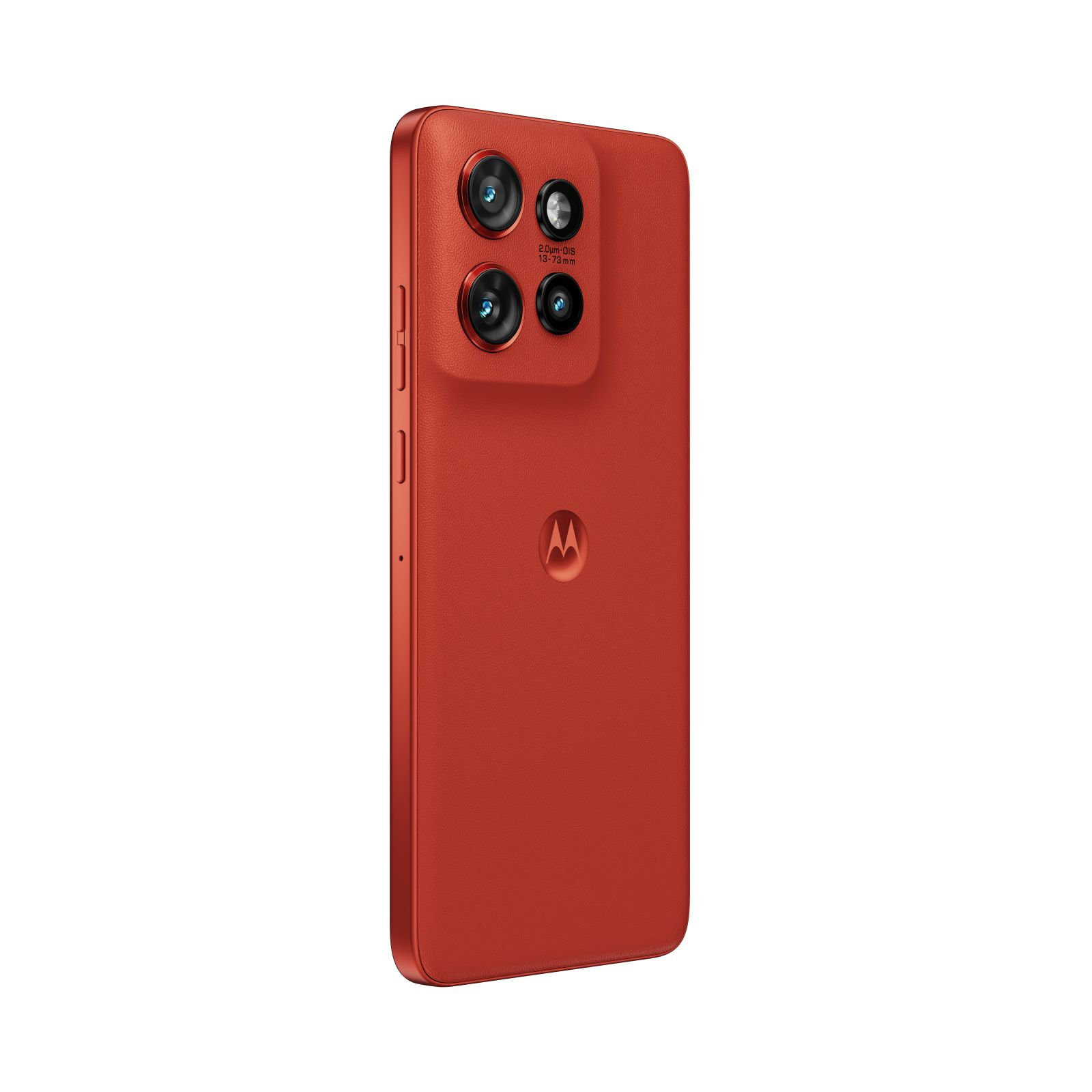 Czerwony smartfon z czterema tylnymi aparatami i logo Motoroli.