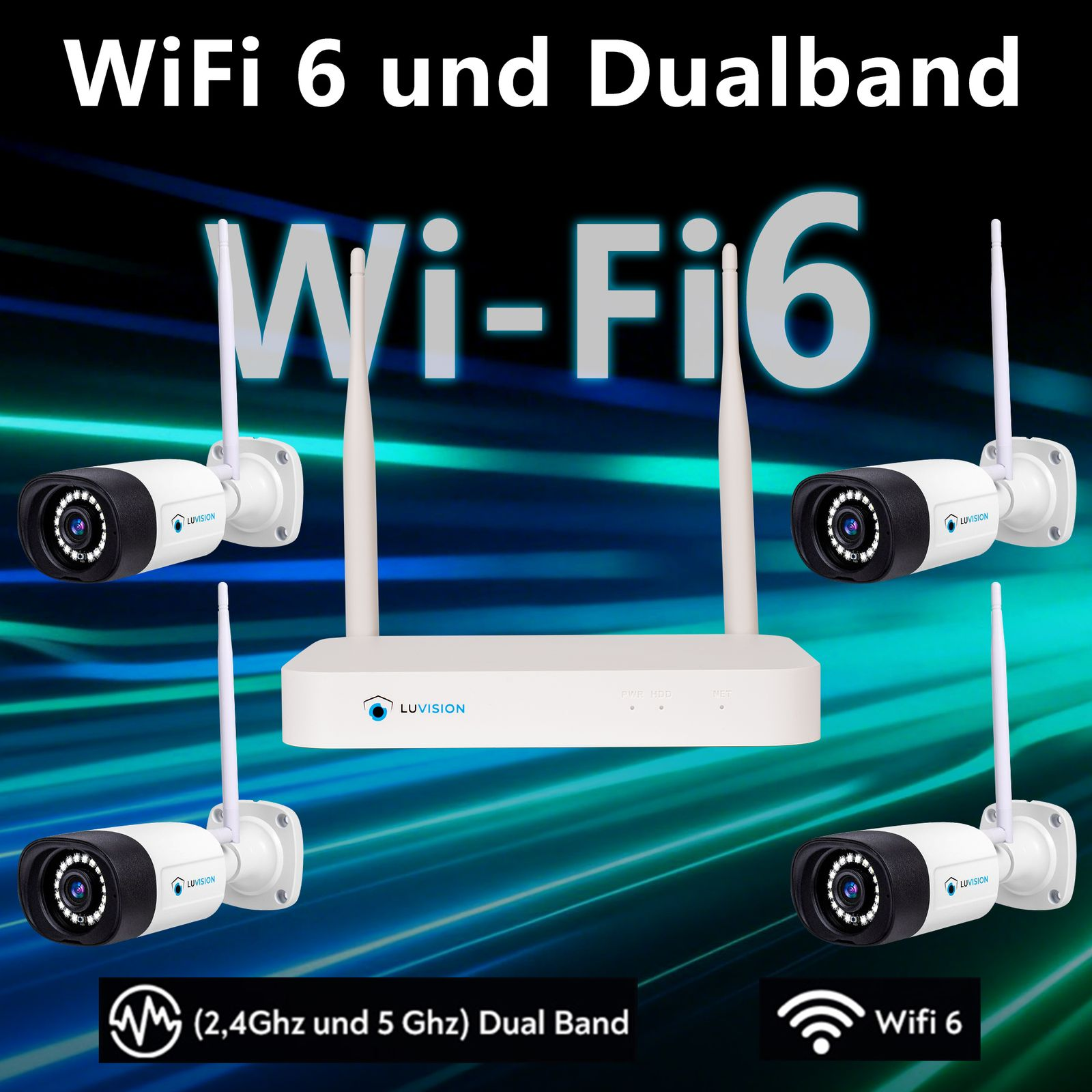 Ein weißer Router mit vier Kameras, die Wi-Fi 6 und Dualband unterstützen.