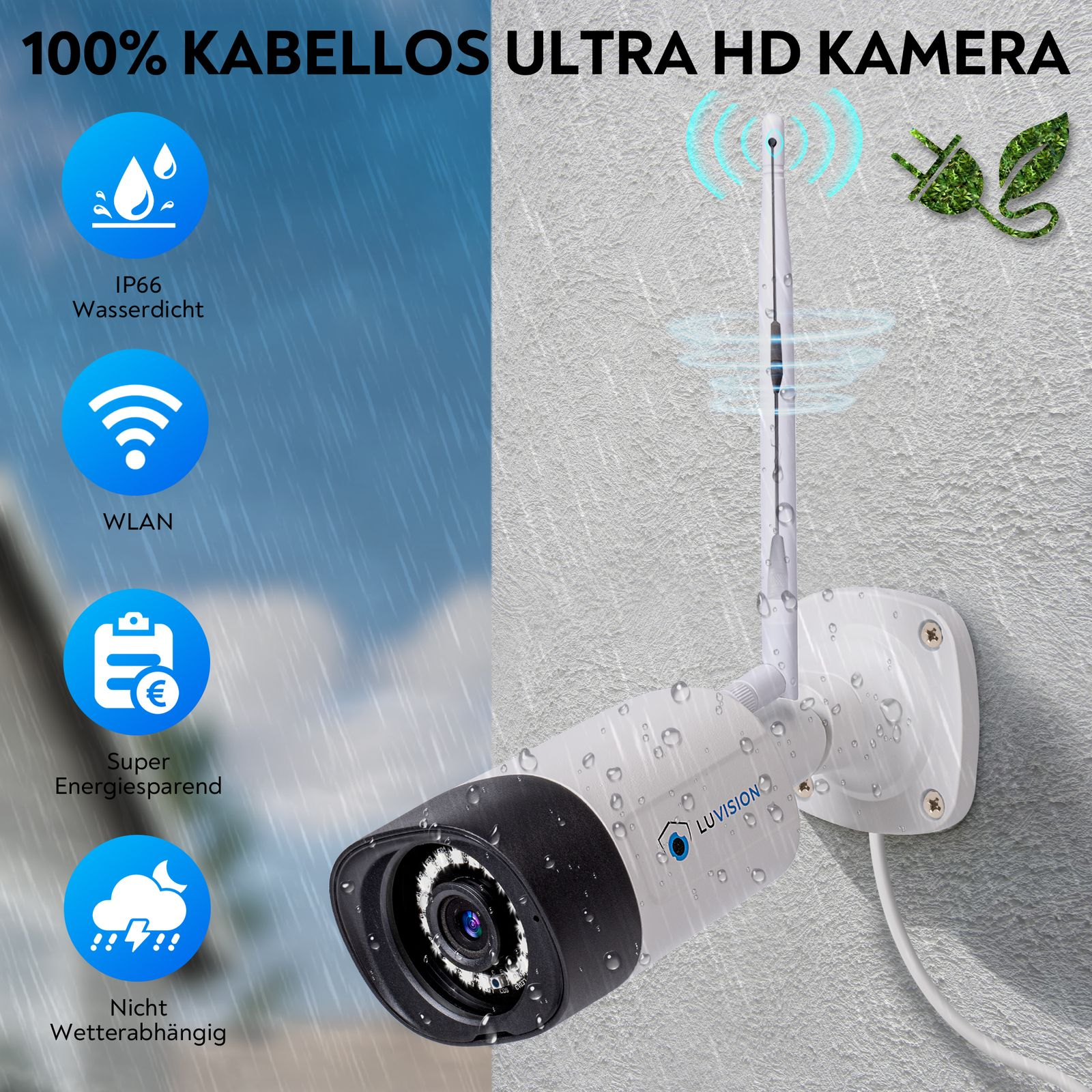 Eine weiße Überwachungskamera mit WLAN und IP66-Wasserdichtigkeit hängt an einer Wand.
