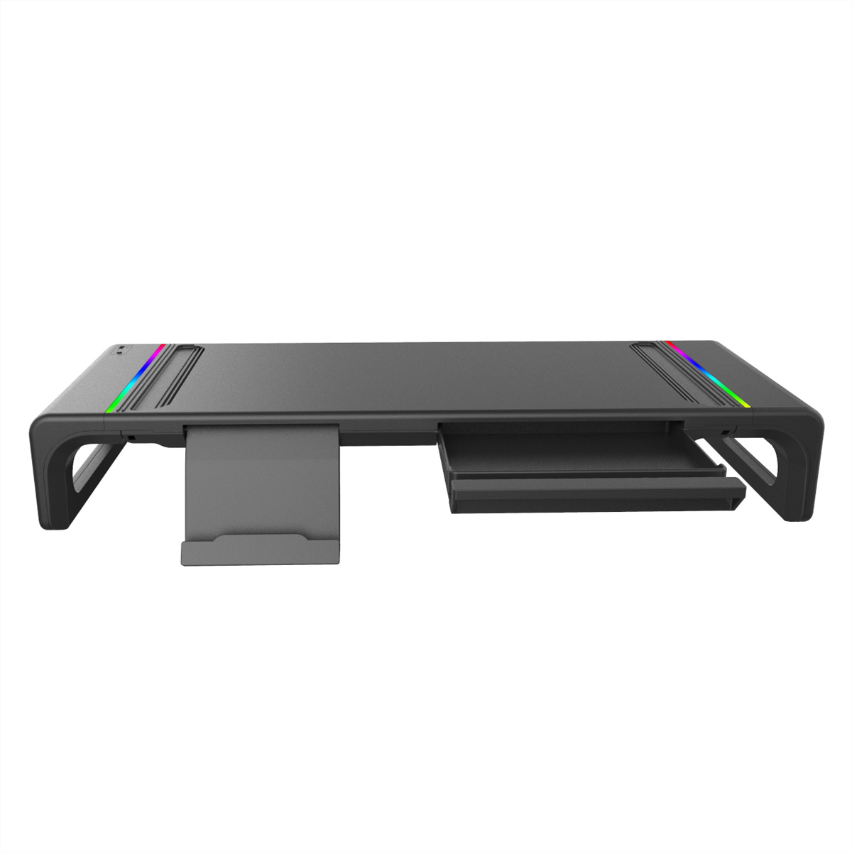 Ein schwarzer Monitorständer mit ausziehbaren Schubladen und RGB-Beleuchtung.