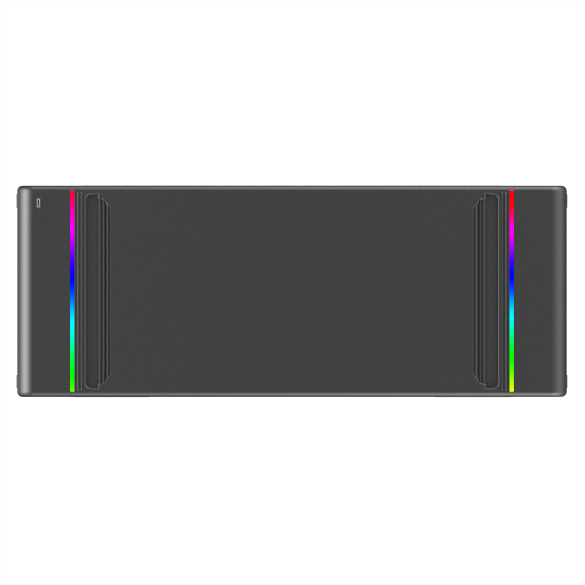 Ein dunkler Computergehäuse mit vertikalen RGB-Lichtleisten an beiden Seiten.