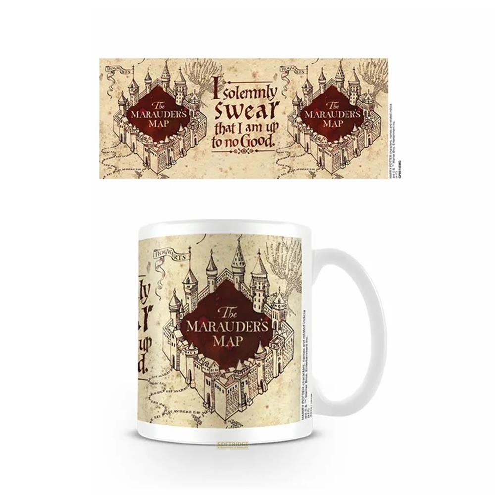 Die Marauders Map auf einer Tasse und einem Band mit Hogwarts-Schloss und Zitat.