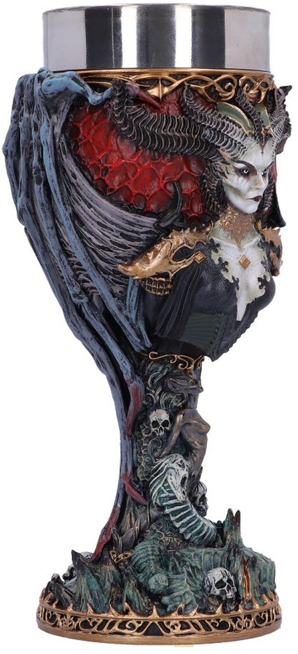 Gotische Statue mit Totenköpfen, Skeletten und einer Frau mit roten Schuppen.