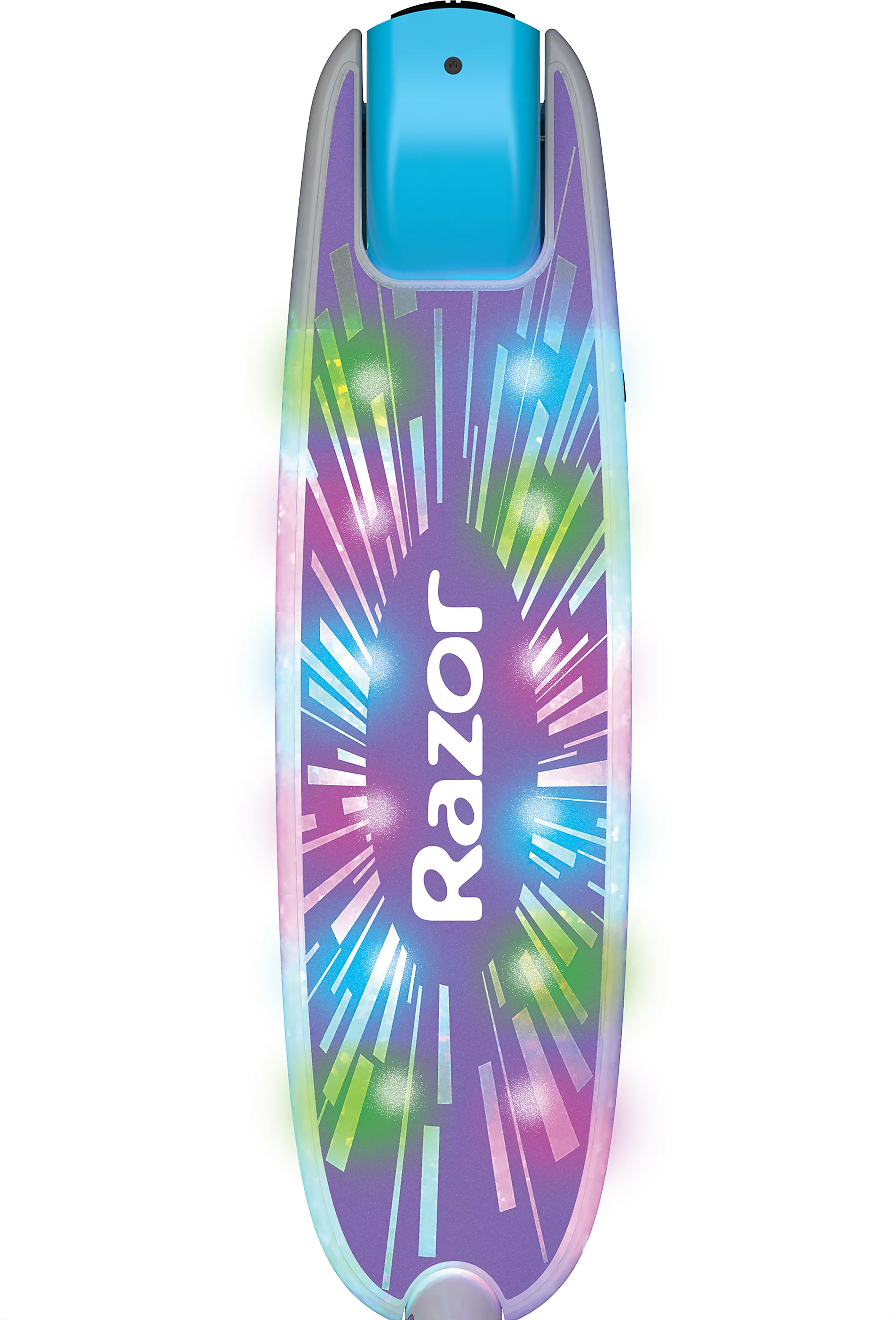 Una parte blu di un monopattino con un ponte viola con luci e la scritta Razor.