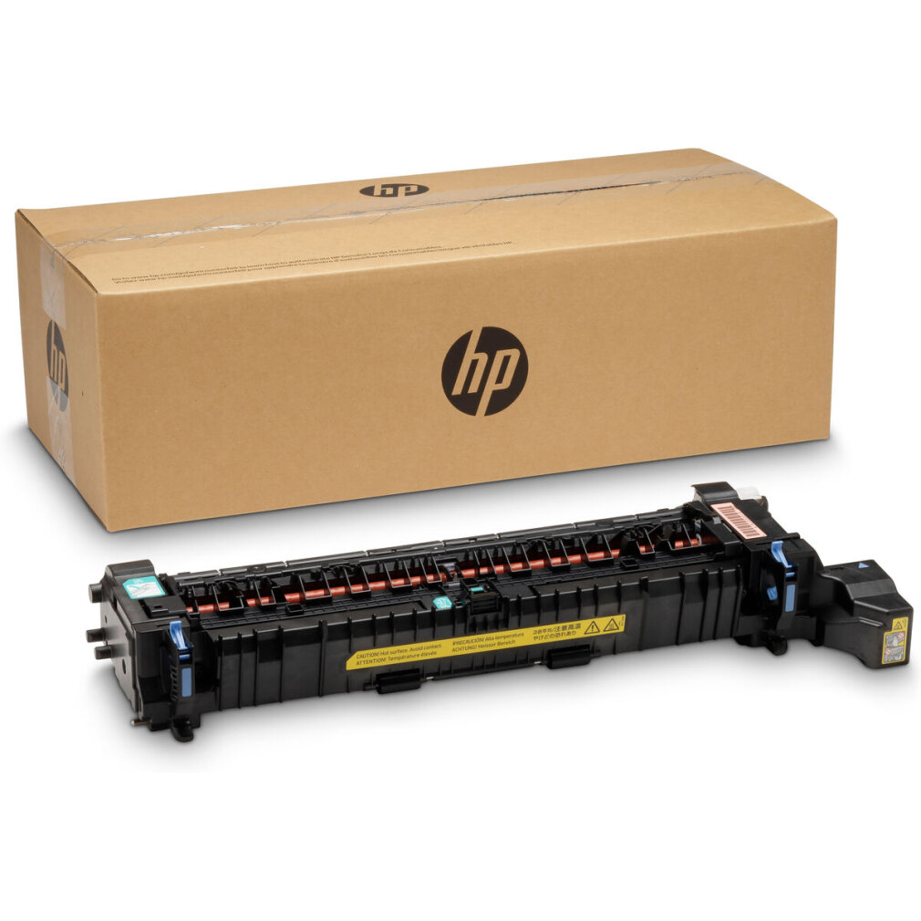 Scatola di cartone HP e unità fusore stampante con parti nere e blu.