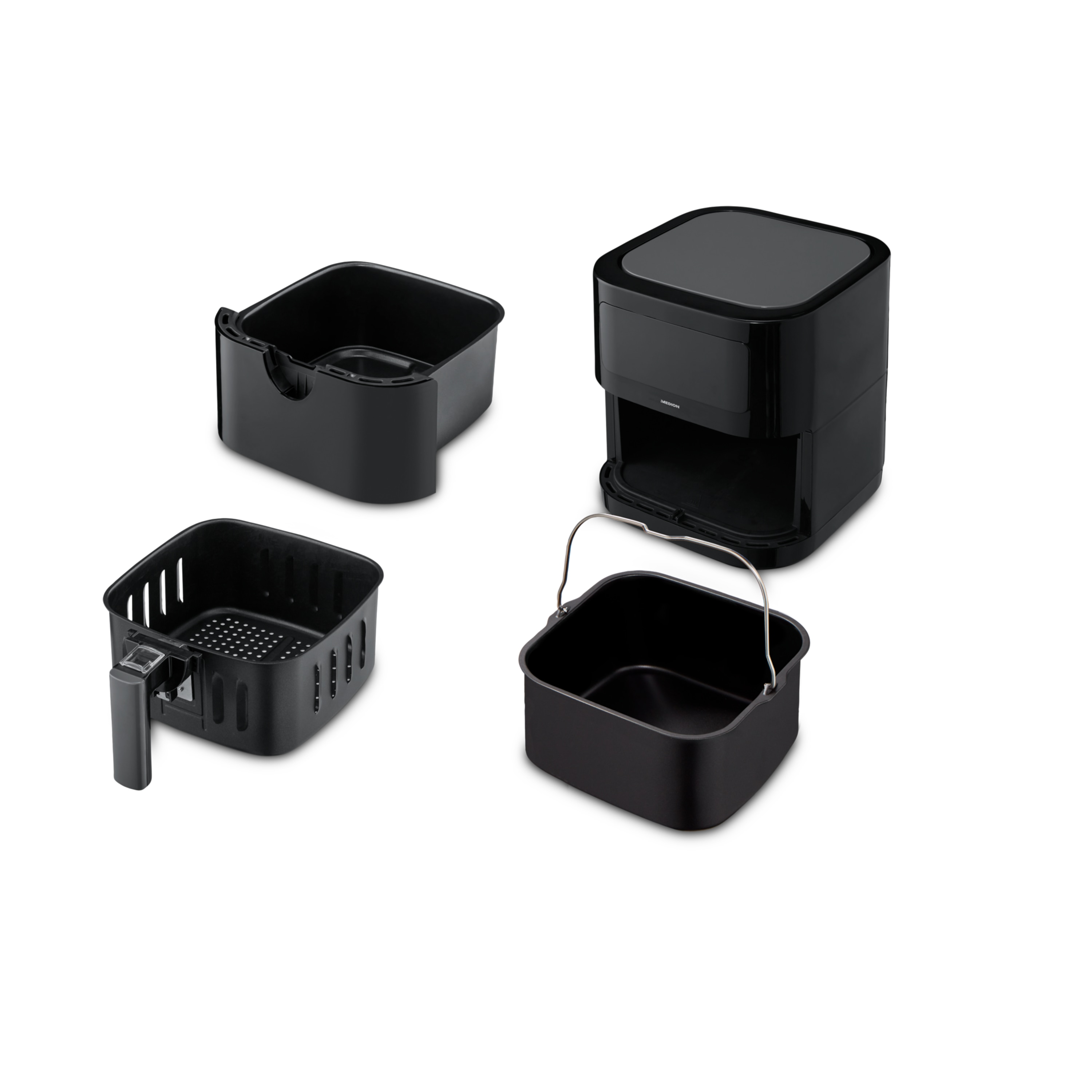 Czarna frytkownica beztłuszczowa z trzema akcesoriami na białym tle.