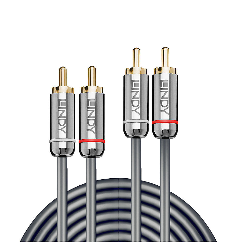 Four gray LINDY audio cables with gold-plated connectors, two with red accents.