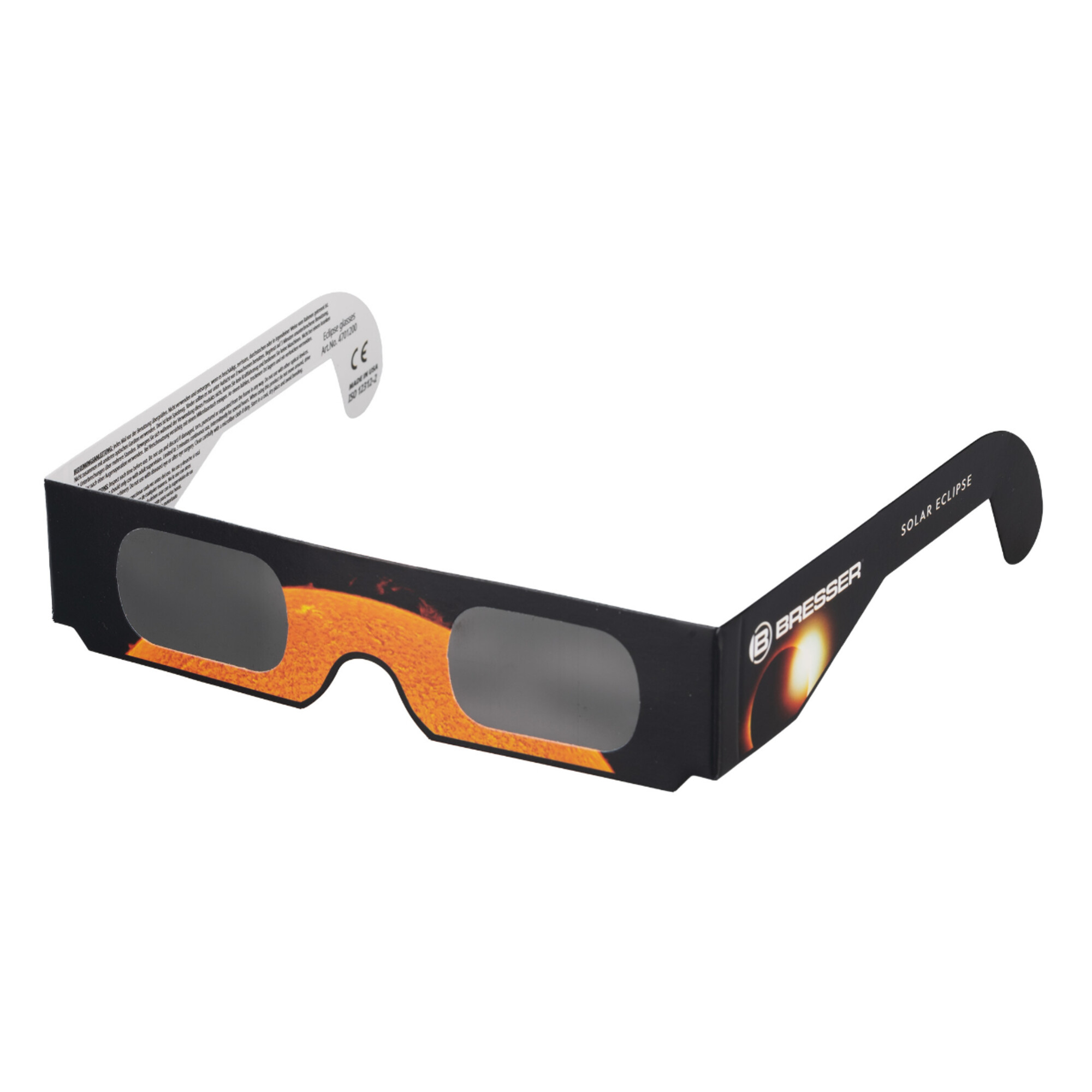 Sonnenfinsternisbrille mit Bresser-Logo und Sonnengrafik.