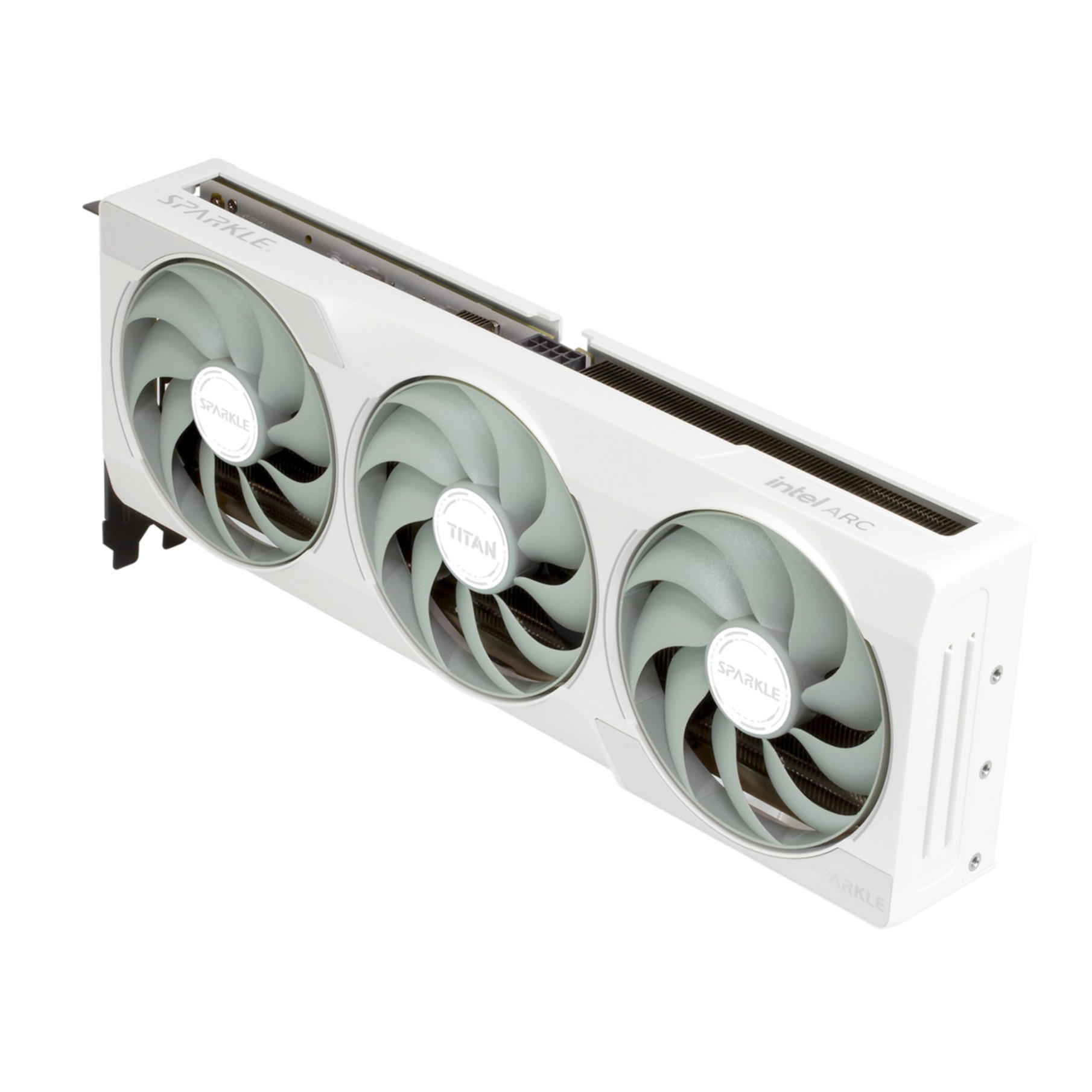 Biała karta graficzna z trzema wentylatorami i logo Intel Arc.