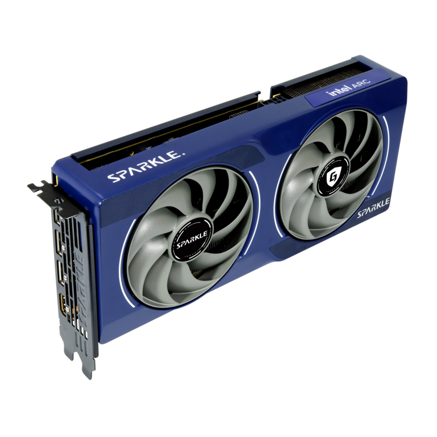 Niebieska karta graficzna z dwoma wentylatorami i logo Intel Arc.