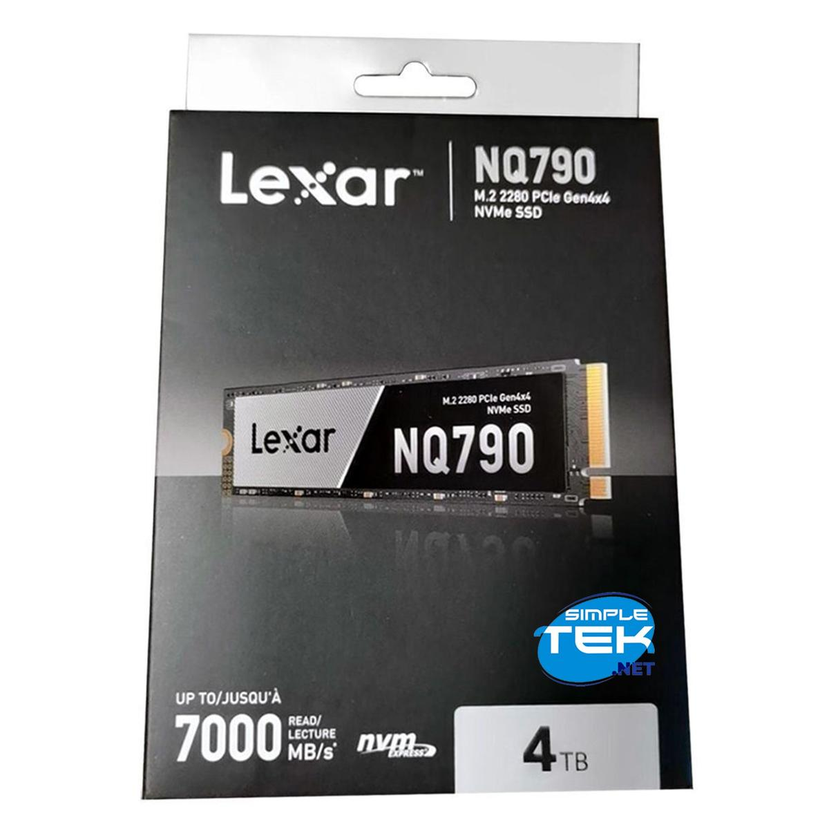 Opakowanie Lexar NQ790 4TB NVMe SSD z produktem i specyfikacjami.