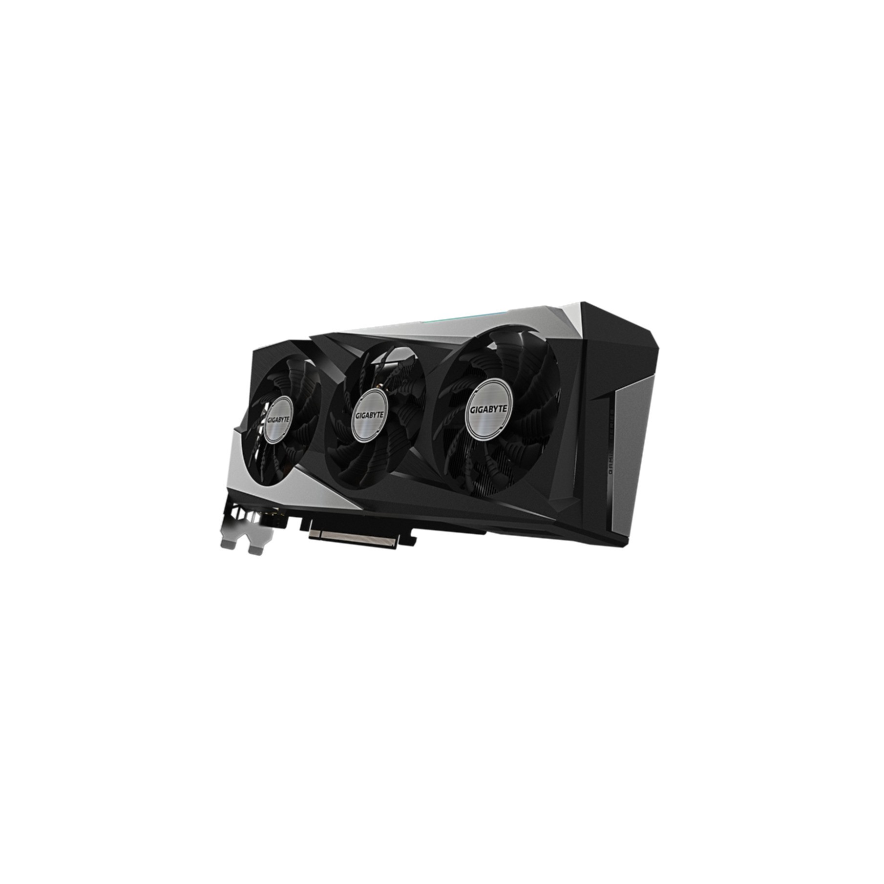 Czarna karta graficzna z trzema wentylatorami i srebrnymi akcentami.