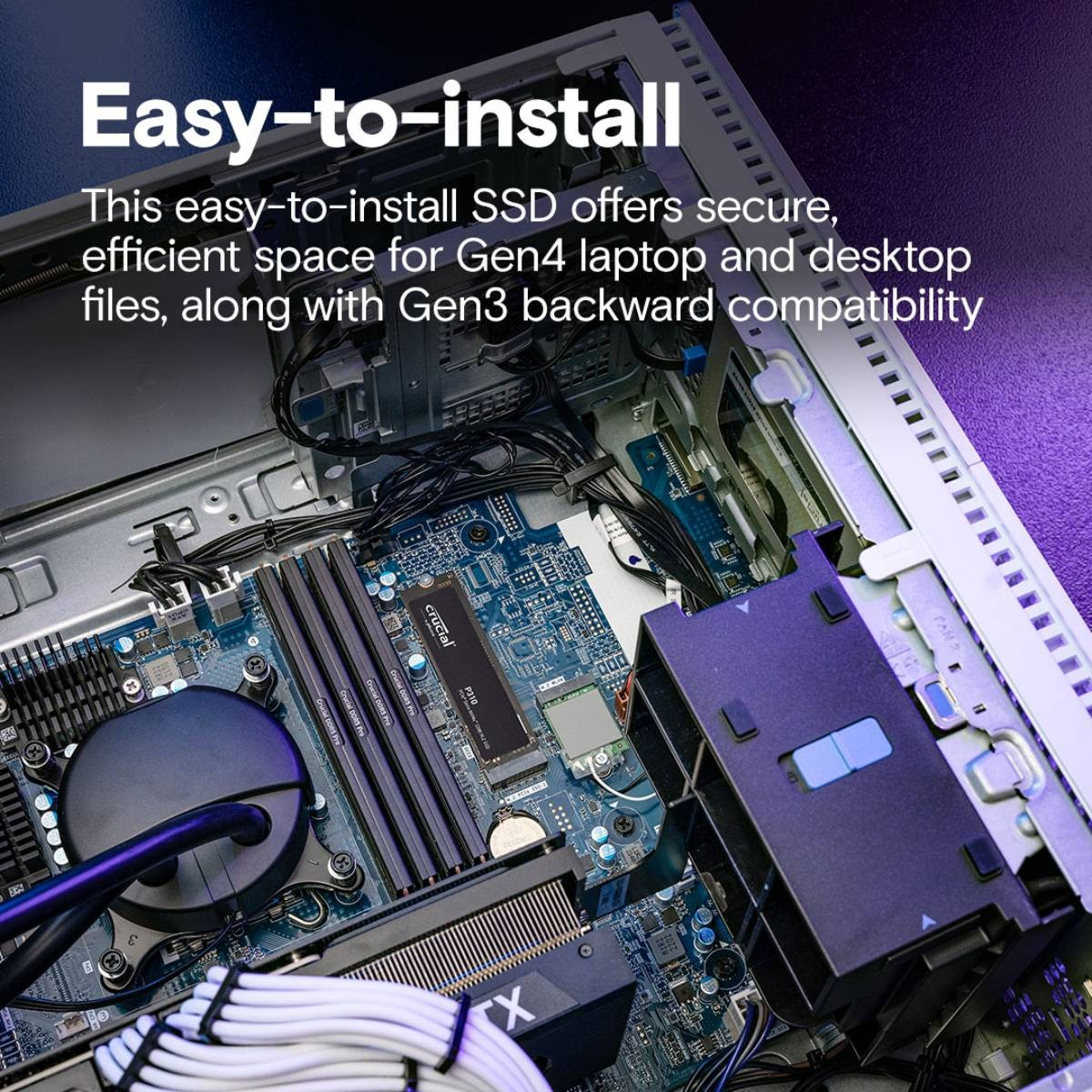 Dysk SSD zainstalowany na płycie głównej komputera z radiatorem i kablami.