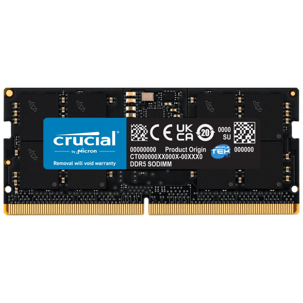 Ein Crucial DDR5 SODIMM RAM-Modul mit goldfarbenen Kontakten und schwarzen Chips.
