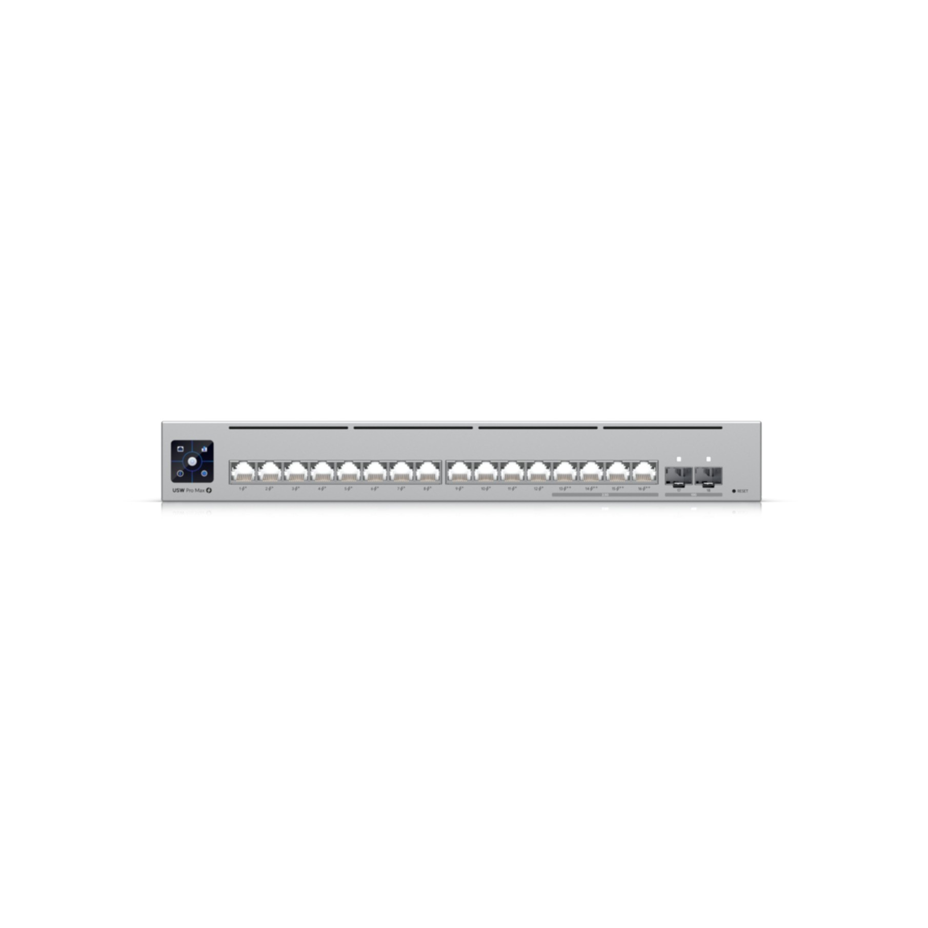 Srebrny przełącznik sieciowy z 16 portami Ethernet i wyświetlaczem.