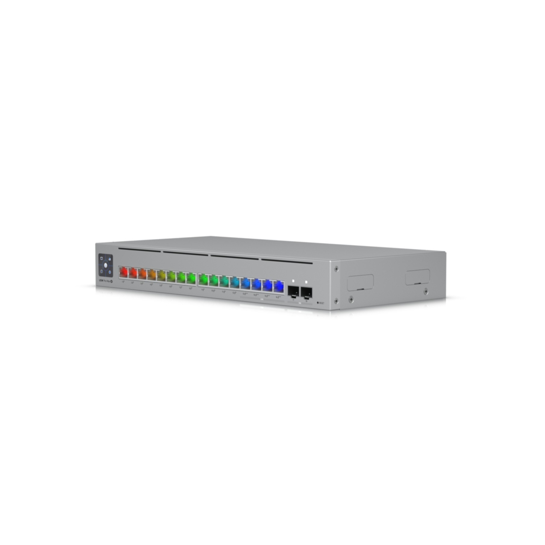 Szare urządzenie sieciowe z 16 kolorowymi portami LED z przodu.