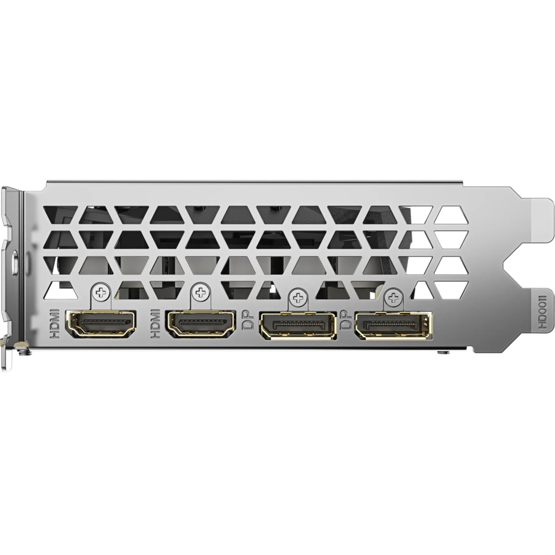 Karta graficzna ze złączami HDMI i DisplayPort, kratka wentylacyjna na górze.