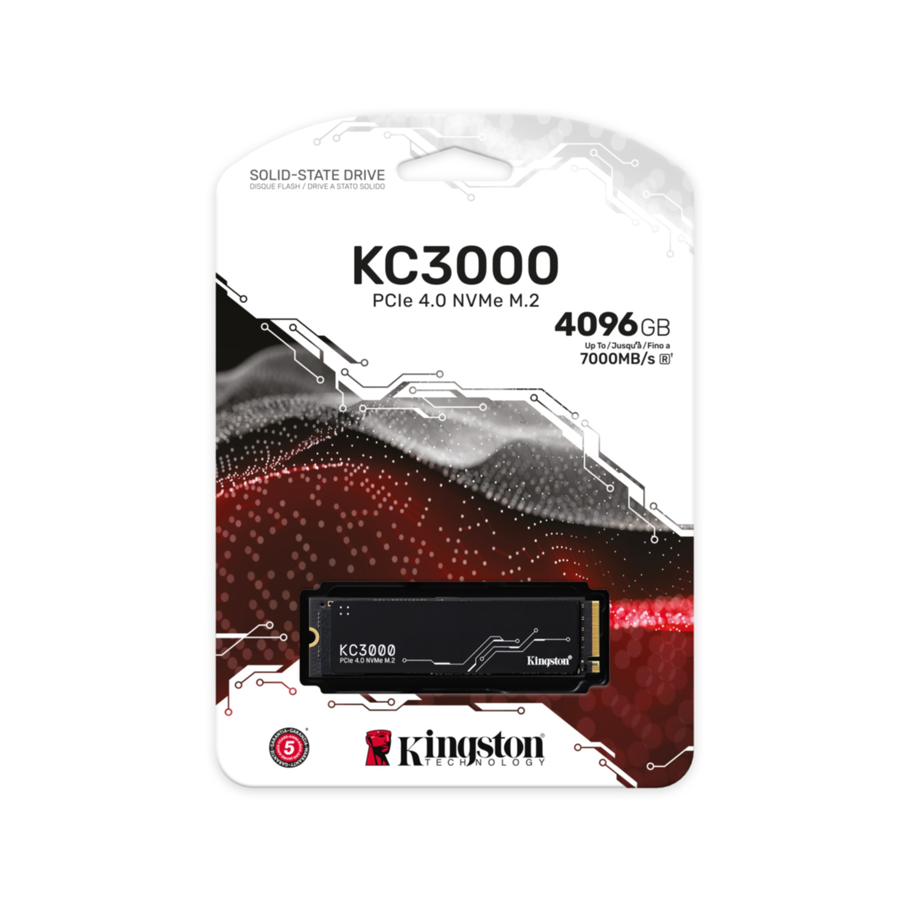 Opakowanie dysku SSD Kingston KC3000 4096GB NVMe M.2 z czerwonym wzorem i obwodami.