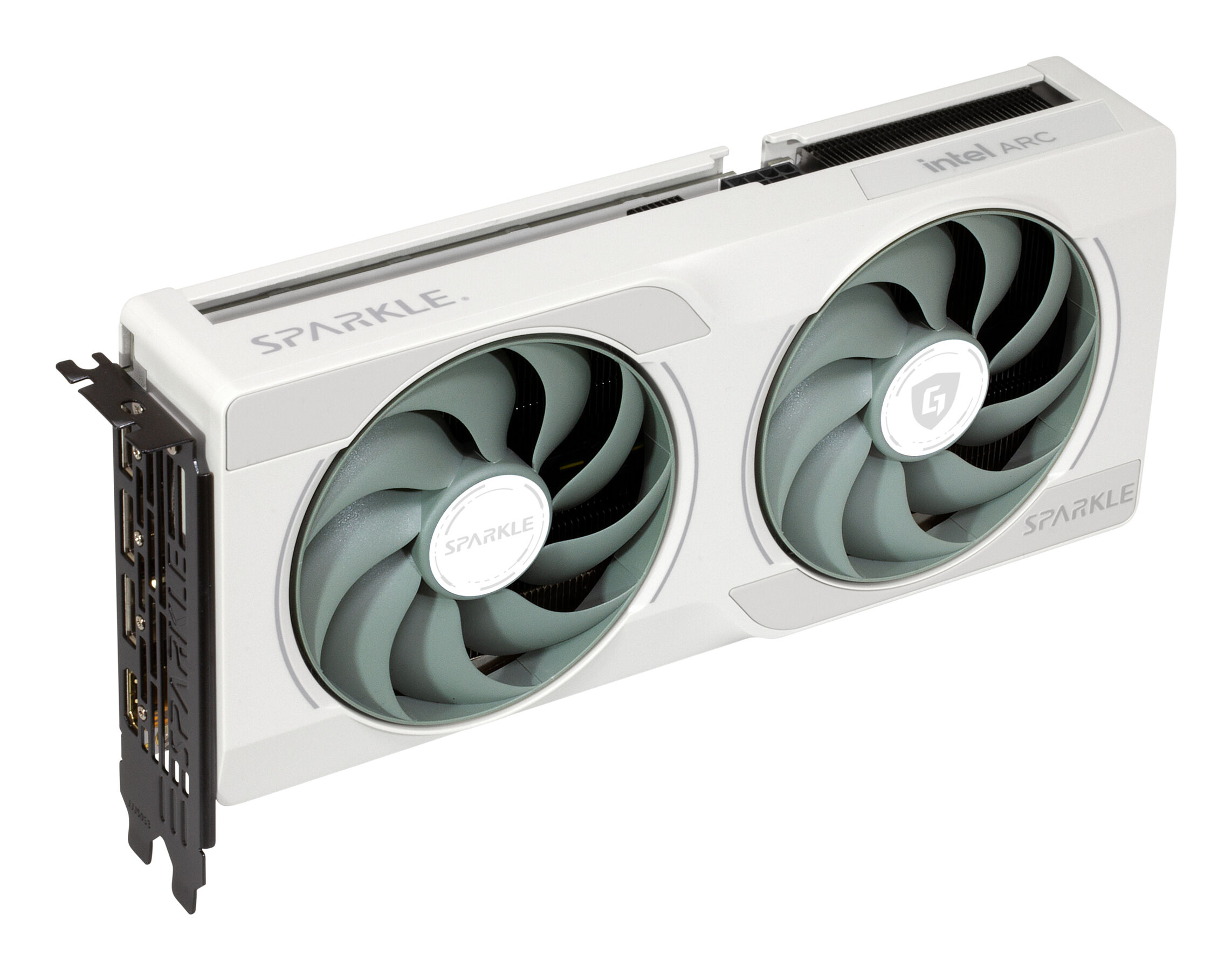 Biała karta graficzna z dwoma wentylatorami, logo Intel ARC i SPARKLE.