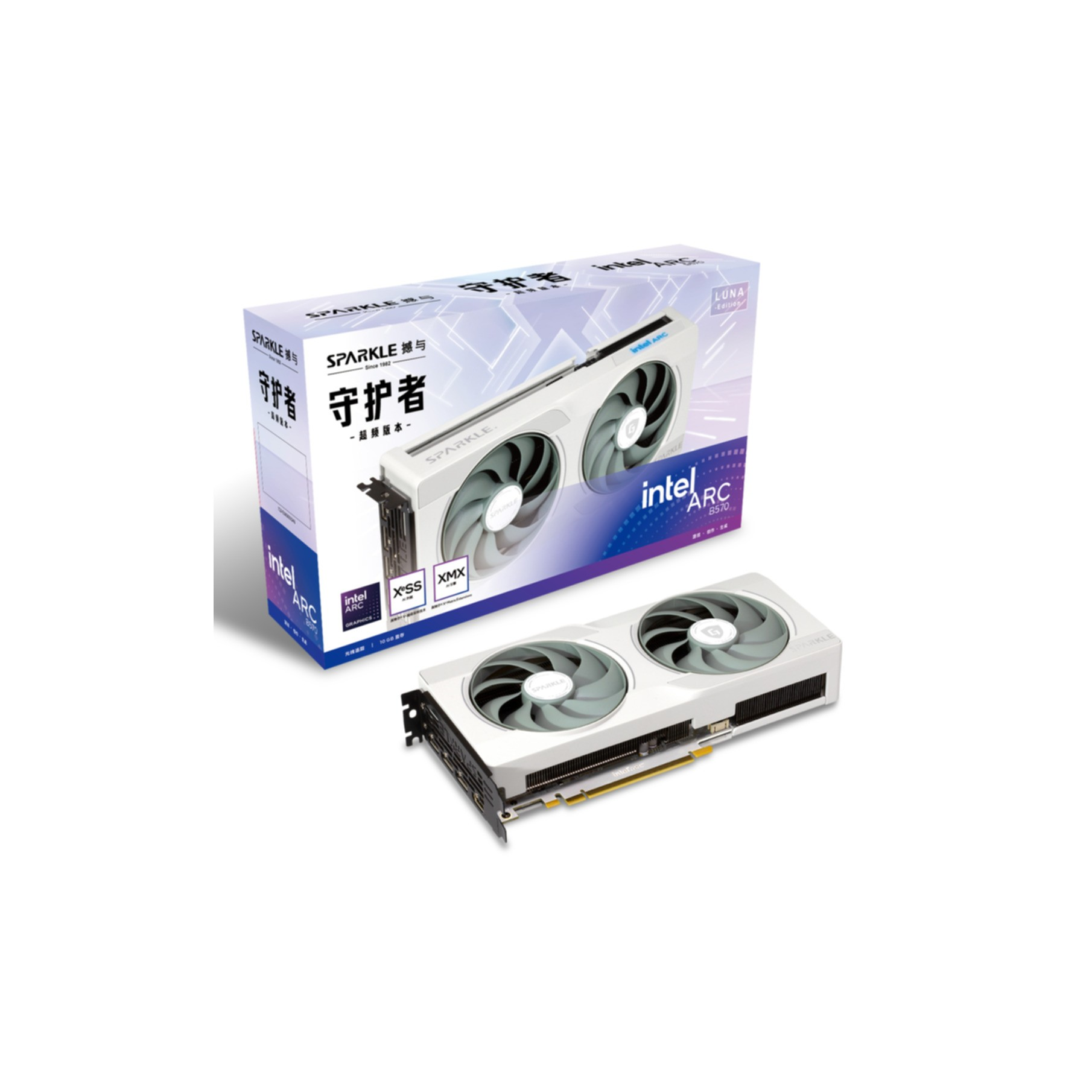 Biała karta graficzna z dwoma wentylatorami i opakowaniem, z oznaczeniem Intel Arc B570.