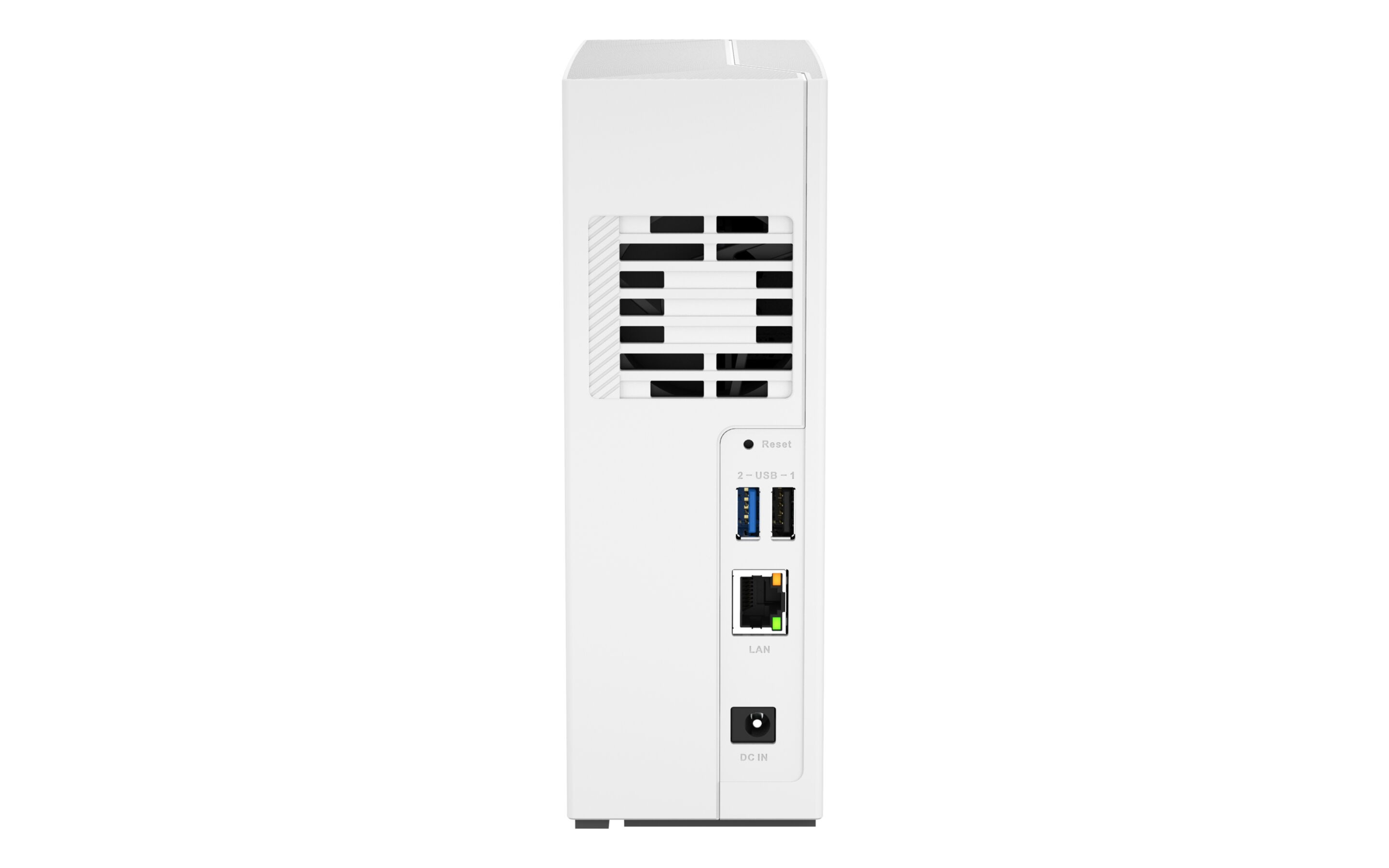 Weiße Festplatte mit Lüftungsschlitzen, USB-Ports, LAN und Stromanschluss.