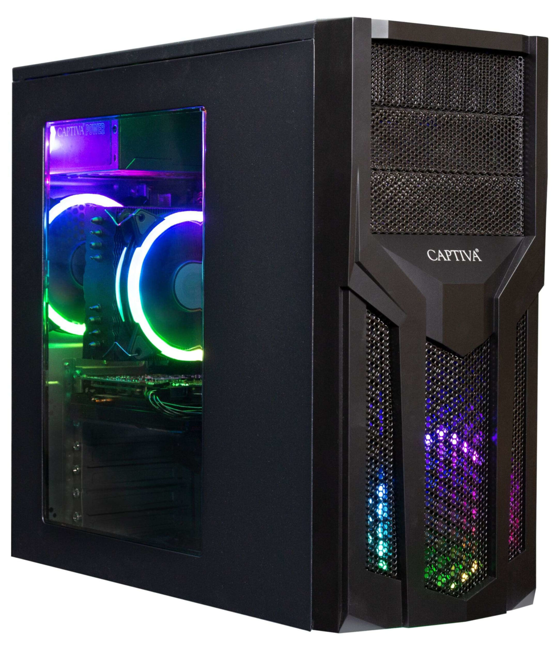 Schwarzes PC-Gehäuse mit beleuchteten Lüftern und RGB-Lichtern.