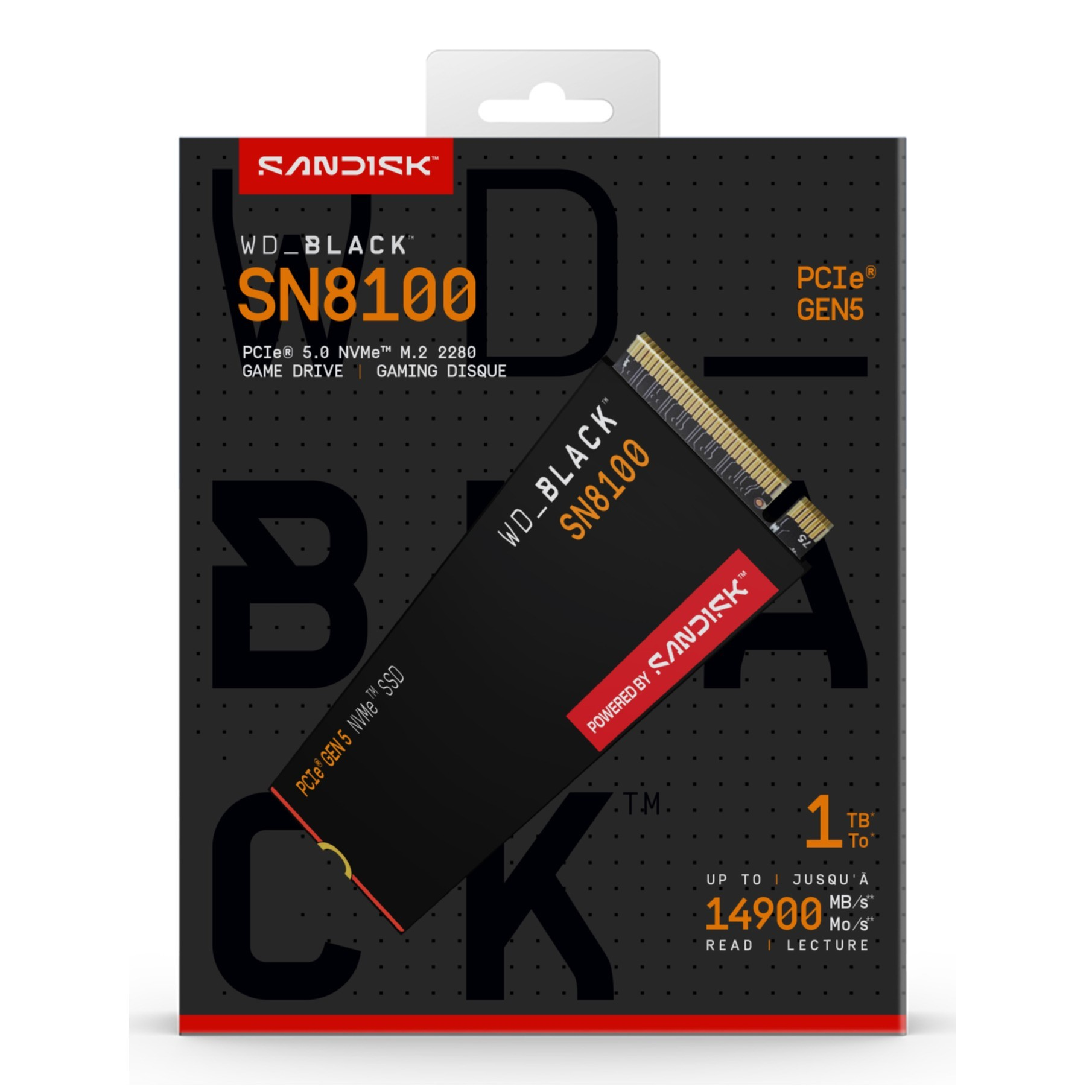 Opakowanie dysku SSD WD_BLACK SN8100 z PCIe Gen 5, pojemność 1TB.