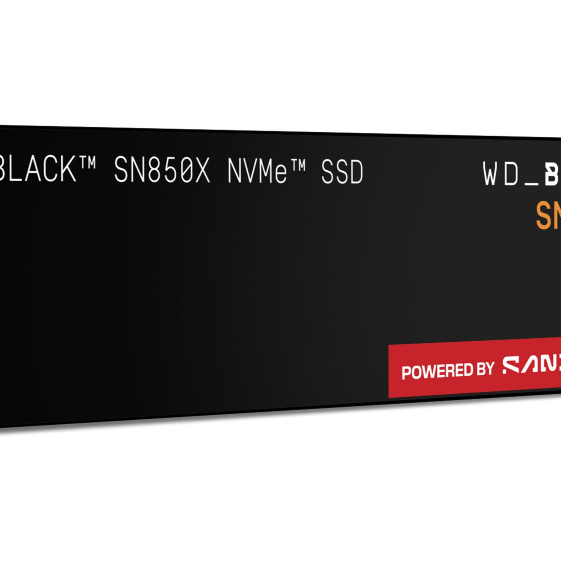 Czarny dysk SSD z napisem: WD_BLACK SN850X NVMe SSD. Powered by SanDisk.