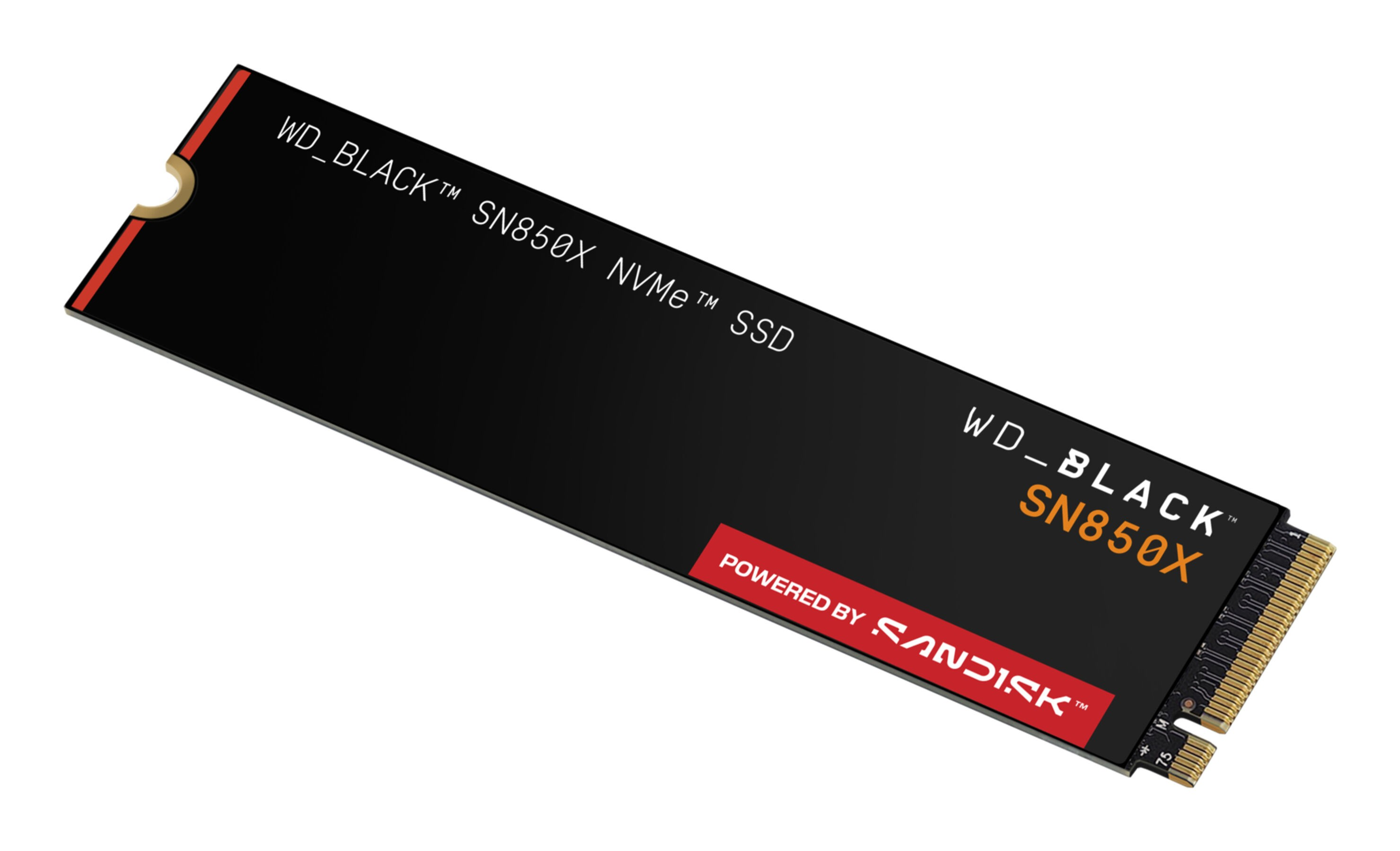 Czarny dysk SSD ze złotym złączem i czerwoną linią. Napis: WD_BLACK SN850X.