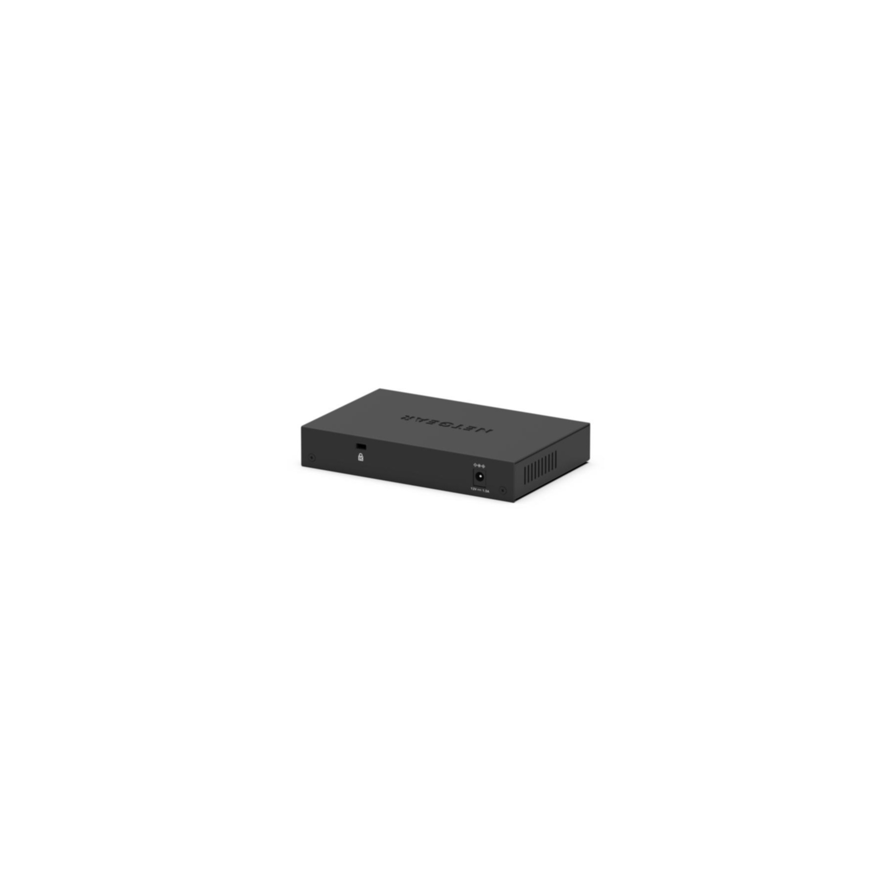 Un routeur NETGEAR noir avec une icône de cadenas, un port d'alimentation et des fentes.