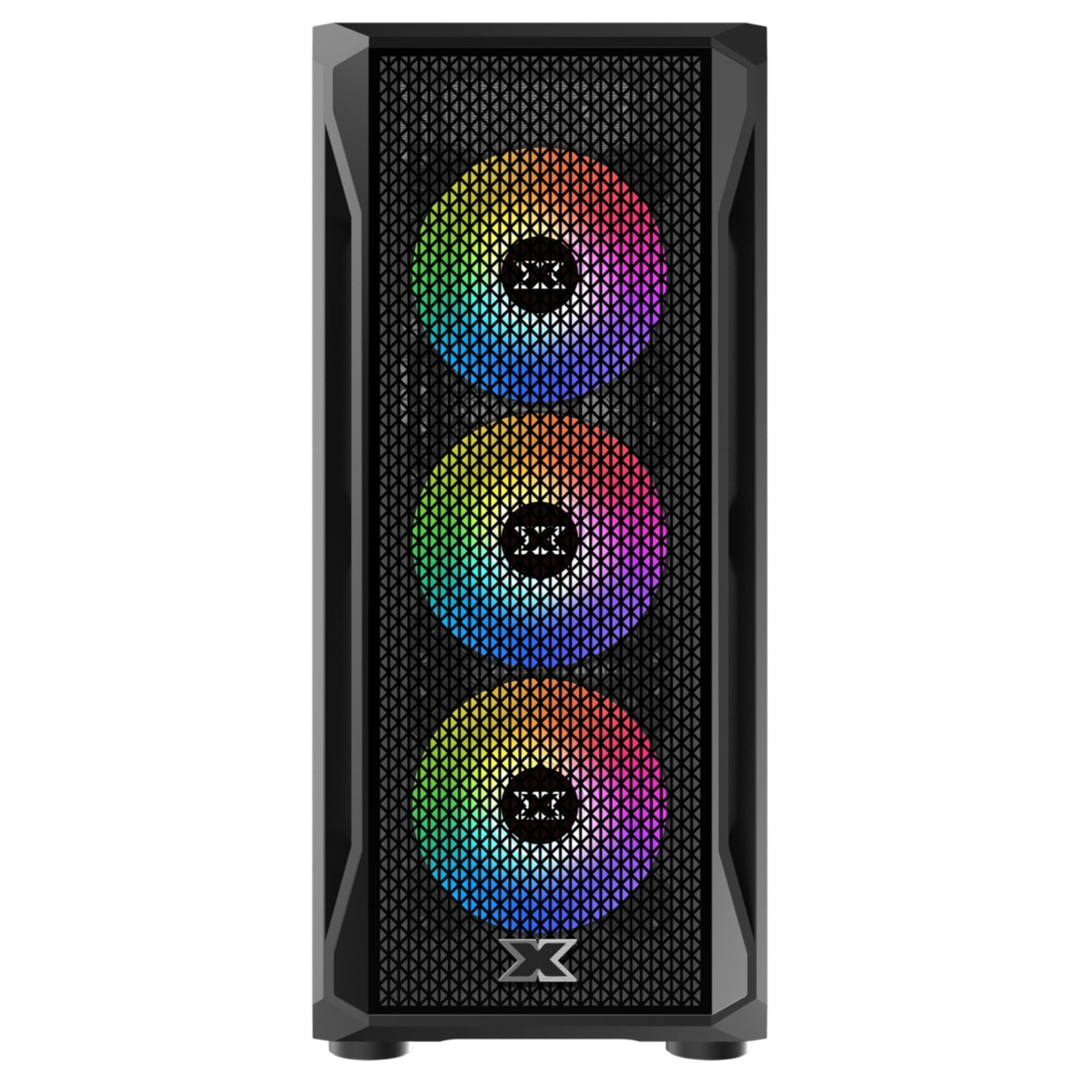 Black computer case with three illuminated RGB fans on the front.