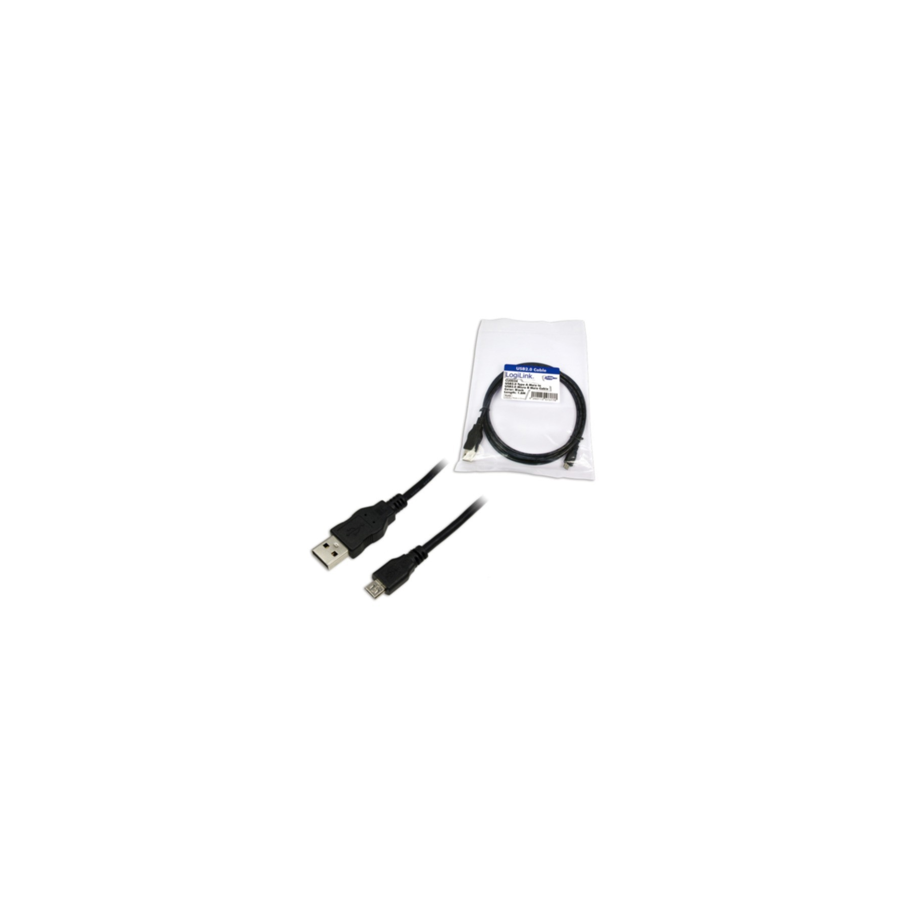 Een zwarte USB-kabel met standaard A en micro B connectoren.