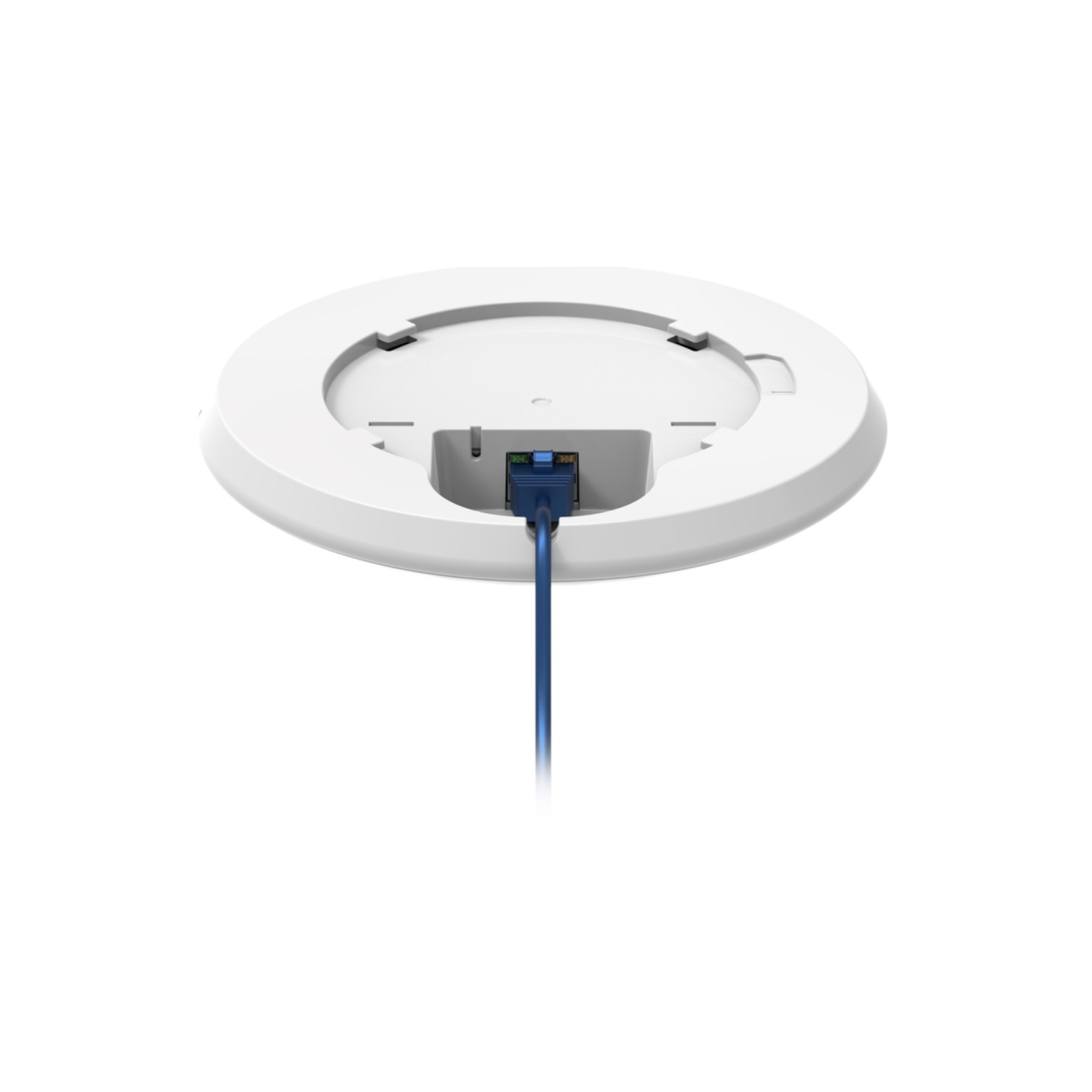 Niebieska wtyczka Ethernet jest włożona do białej, okrągłej podstawy.