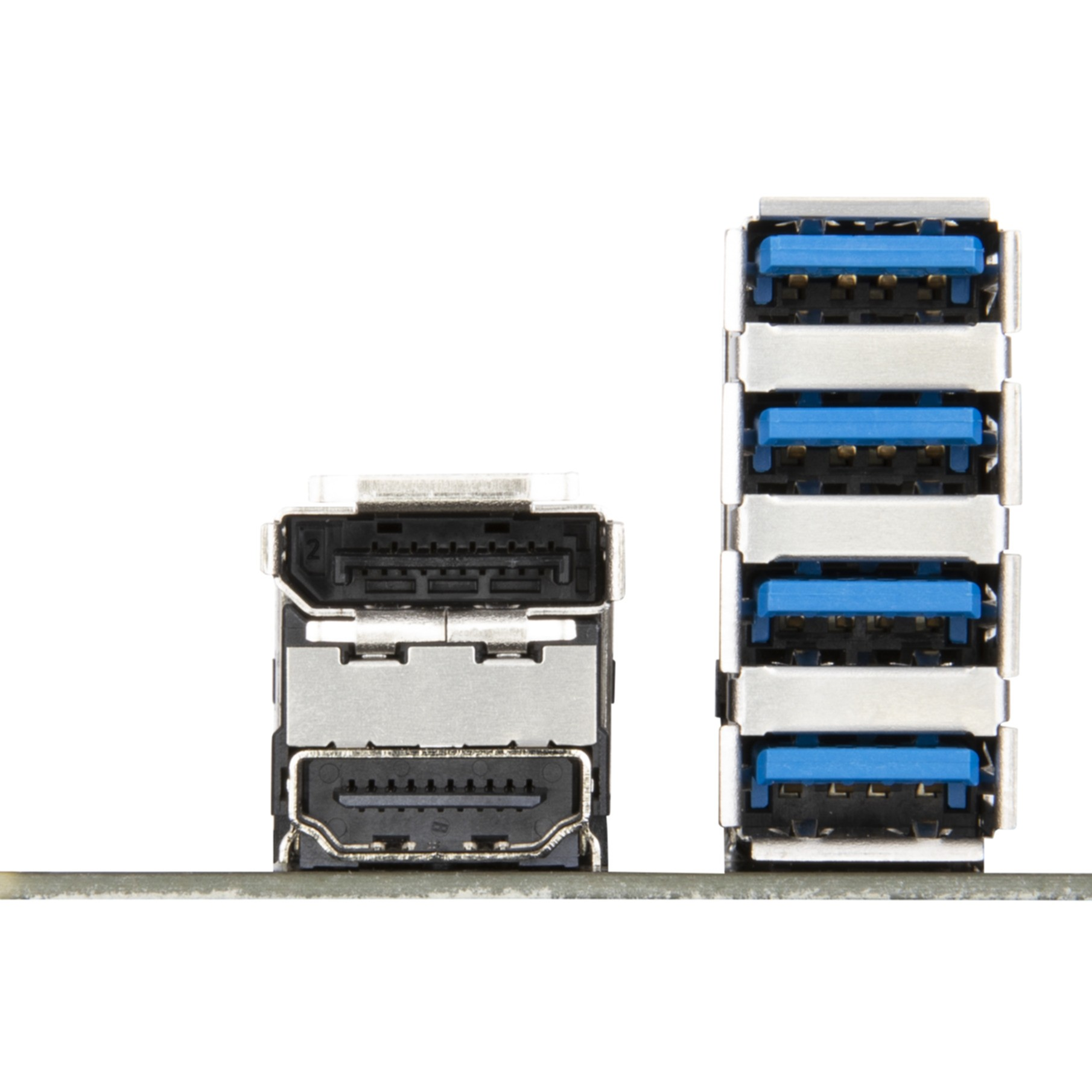 Primer plano de dos pilas de puertos USB con inserciones azules.