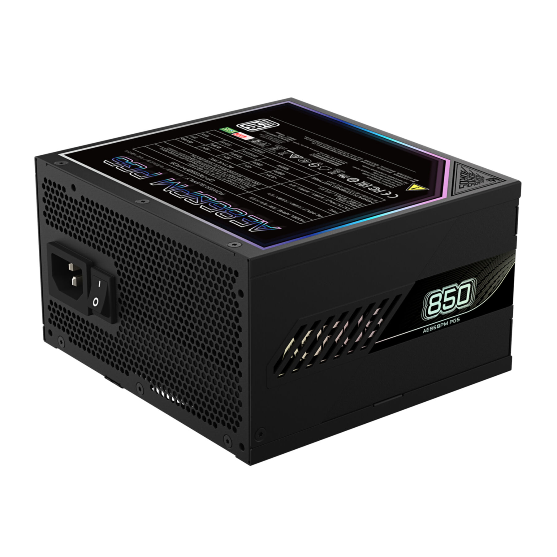 Czarny zasilacz komputerowy z kratką wentylacyjną i oznaczeniem 850W.