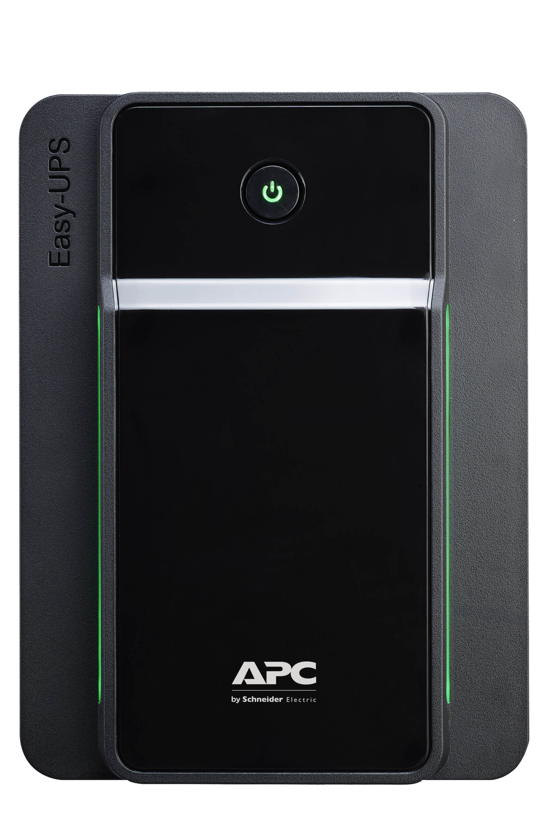 APC Easy-UPS negro con botón de encendido verde y tira LED.