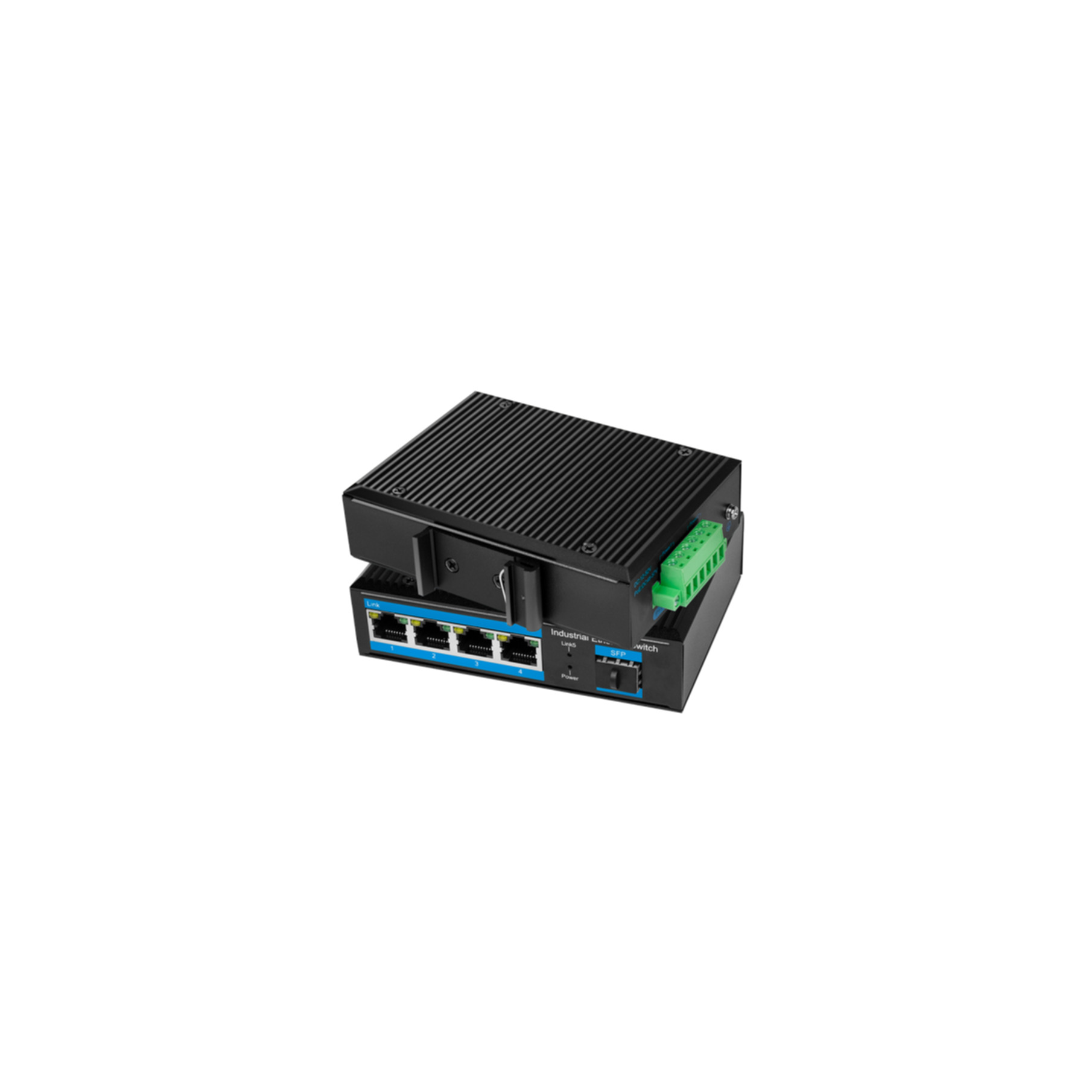 Ein schwarzer Netzwerk-Switch mit vier Ethernet-Anschlüssen und einem grünen Klemmblock.