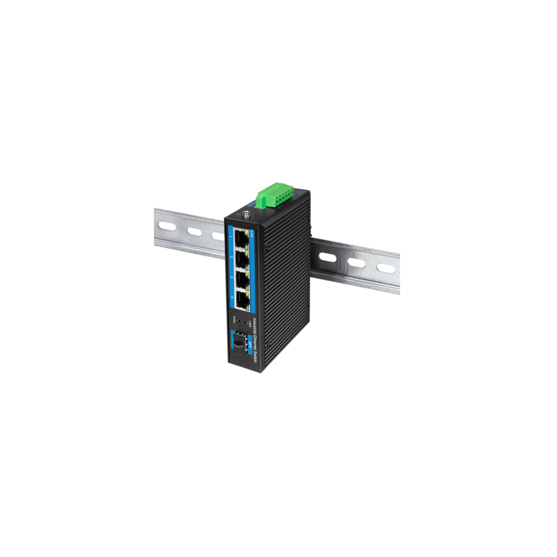 Ein schwarzer industrieller Ethernet-Switch mit vier Anschlüssen auf einer DIN-Schiene.