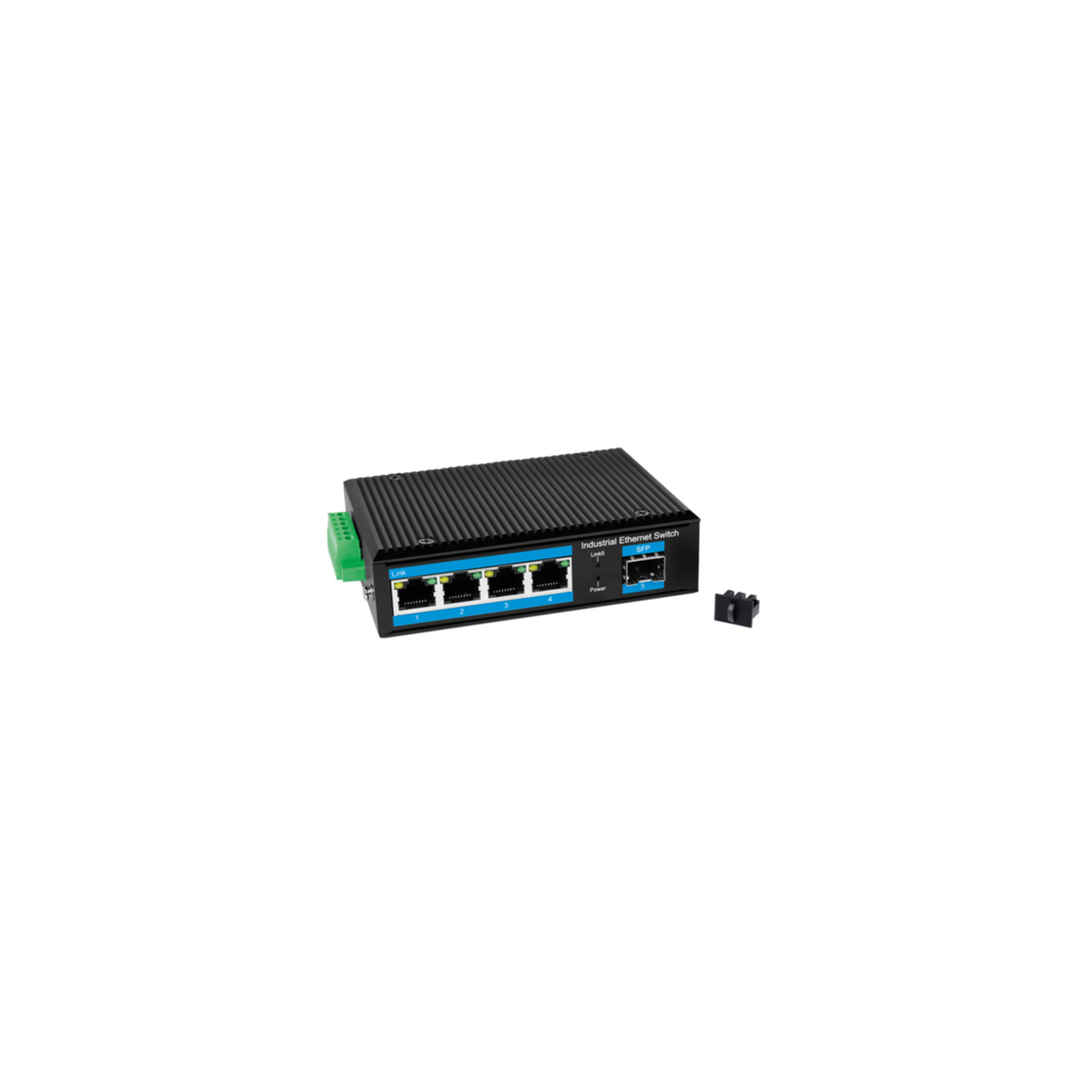 Schwarzer Industrie-Ethernet-Switch mit 4 Ports und SFP-Steckplatz.