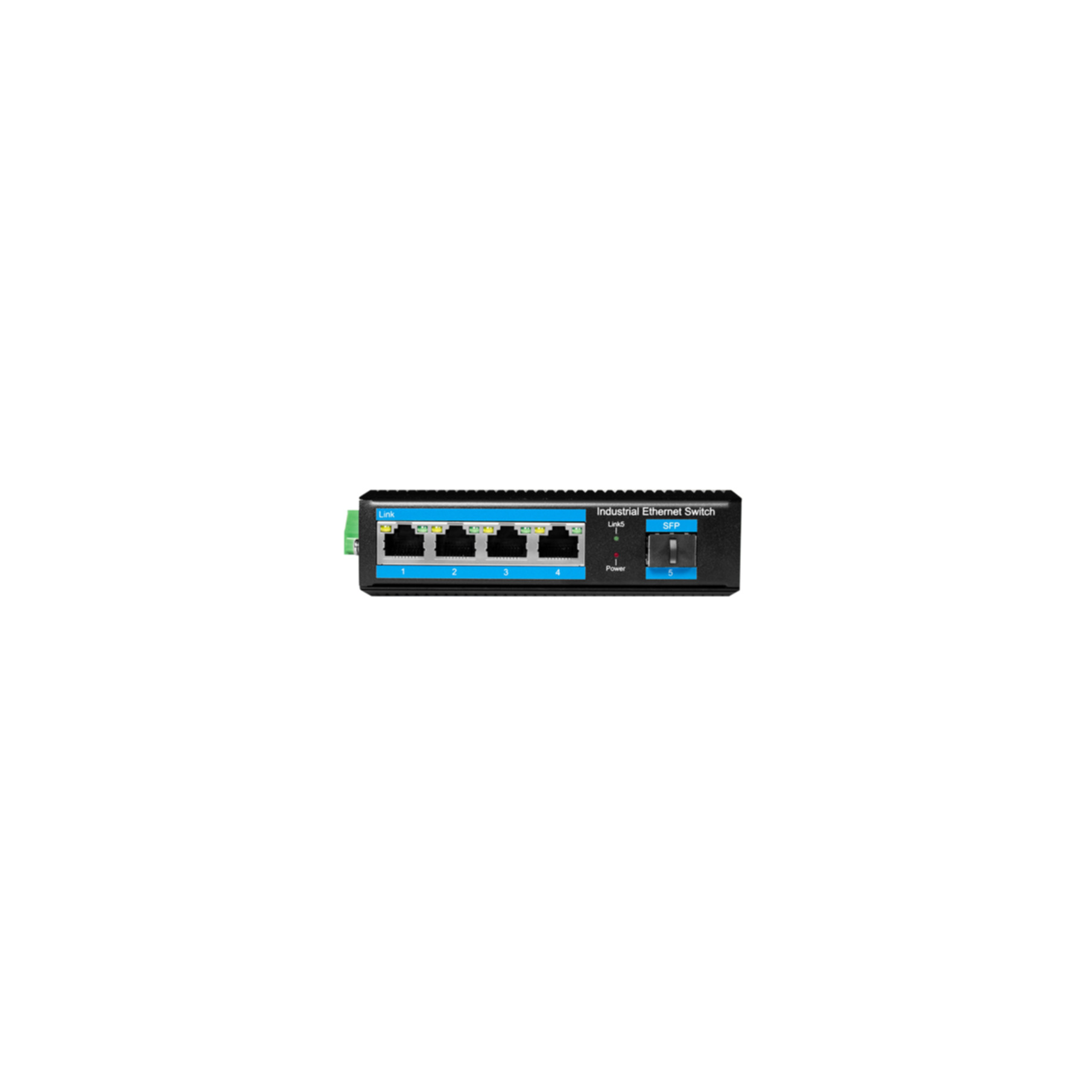 Industrieller Ethernet-Switch mit 4 Ports und SFP-Steckplatz. Blaue Beschriftung.