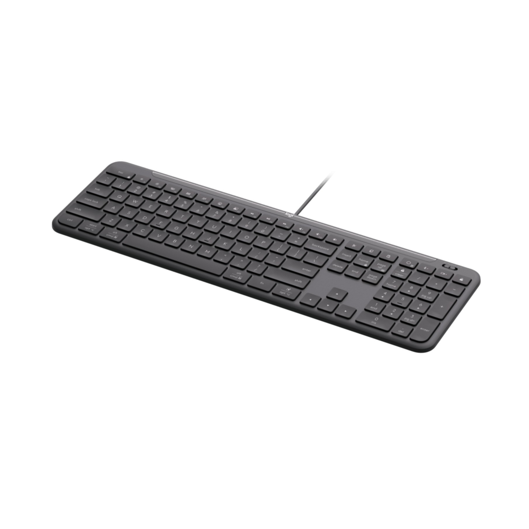 Eine dunkle, drahtgebundene Tastatur mit numerischem Block auf weißem Hintergrund.