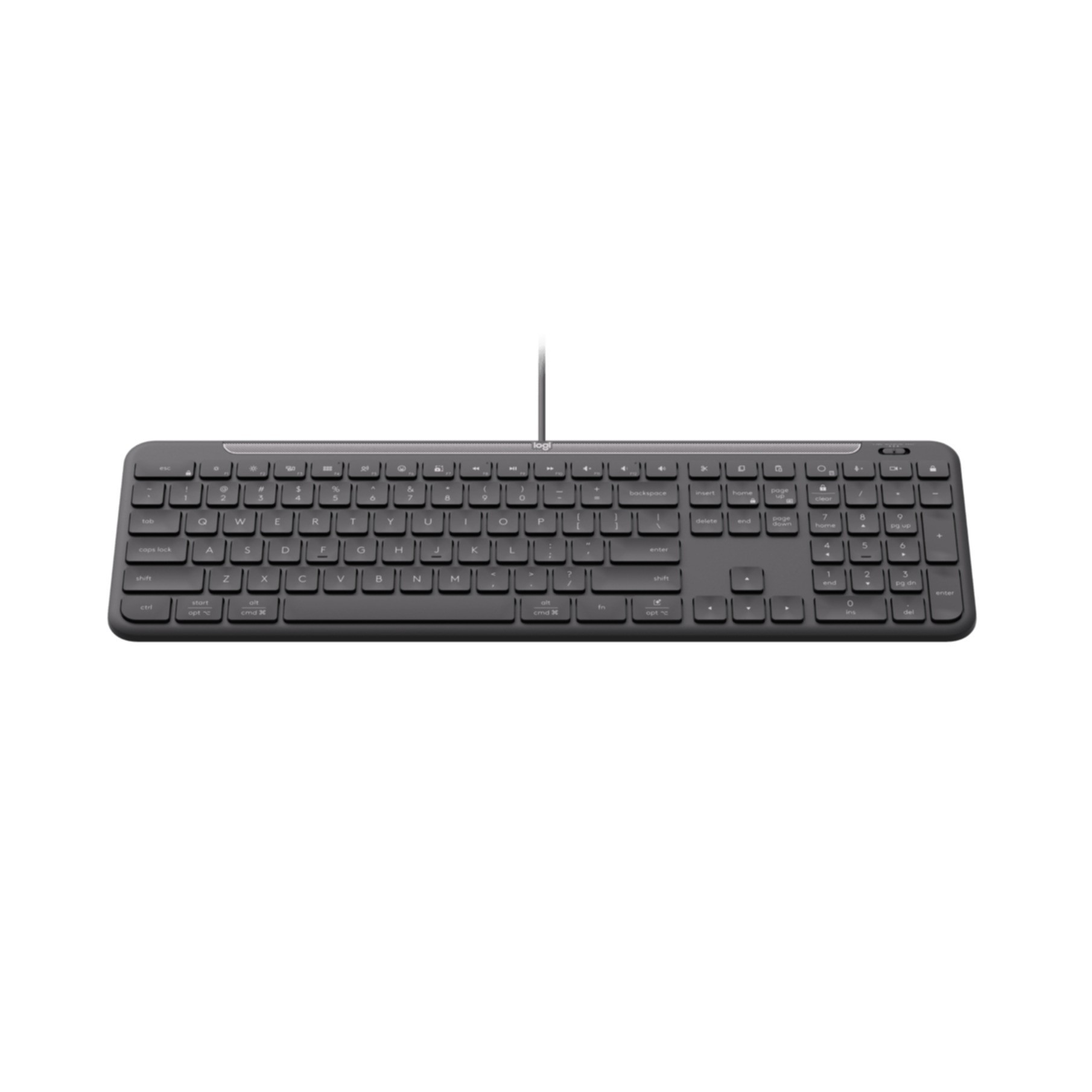Eine graue Logitech-Tastatur mit einem Kabel auf weißem Hintergrund.