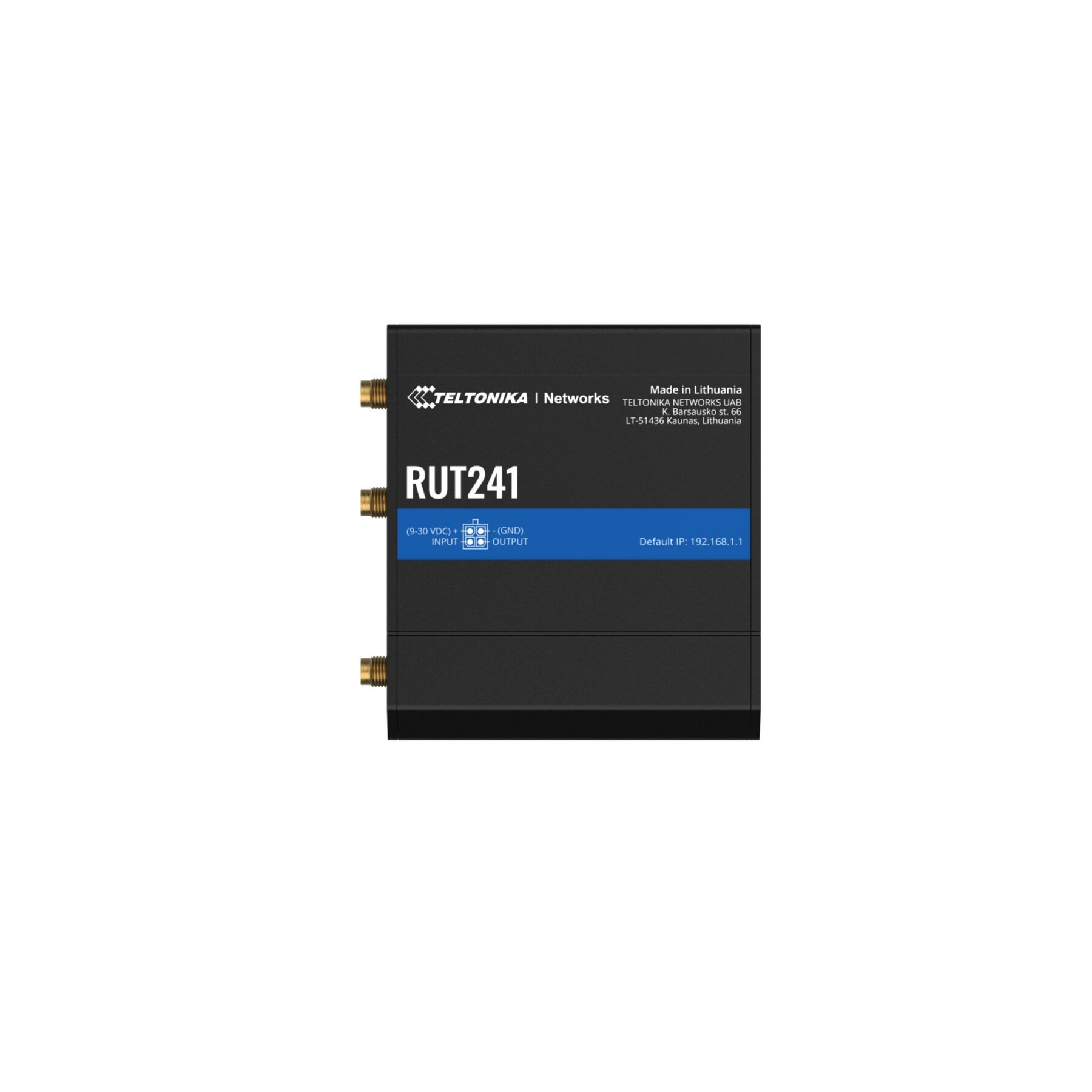 Een zwarte Teltonika RUT241 router met connectoren en belettering.