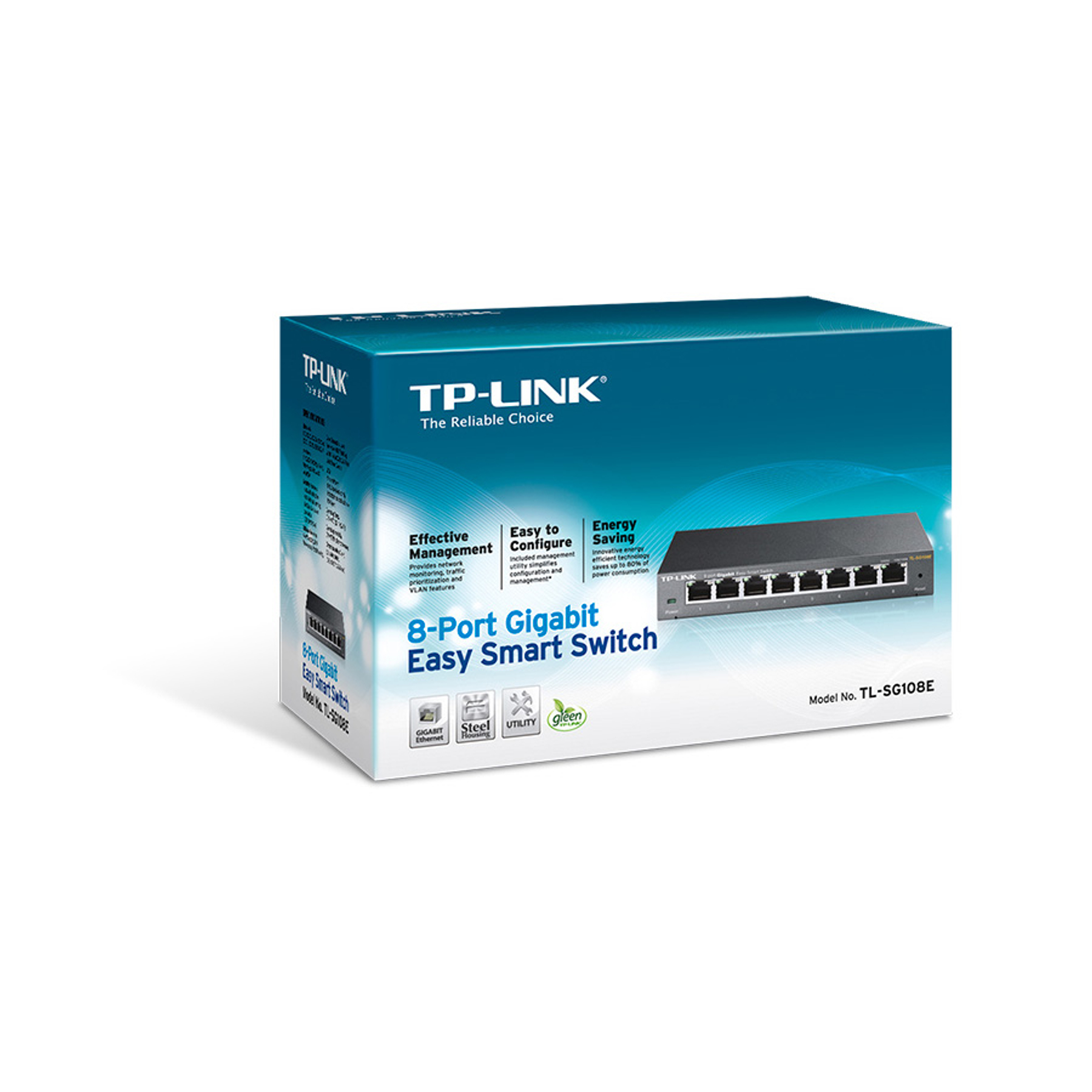 Opakowanie TP-Link 8-Port Gigabit Easy Smart Switch z produktem i cechami.