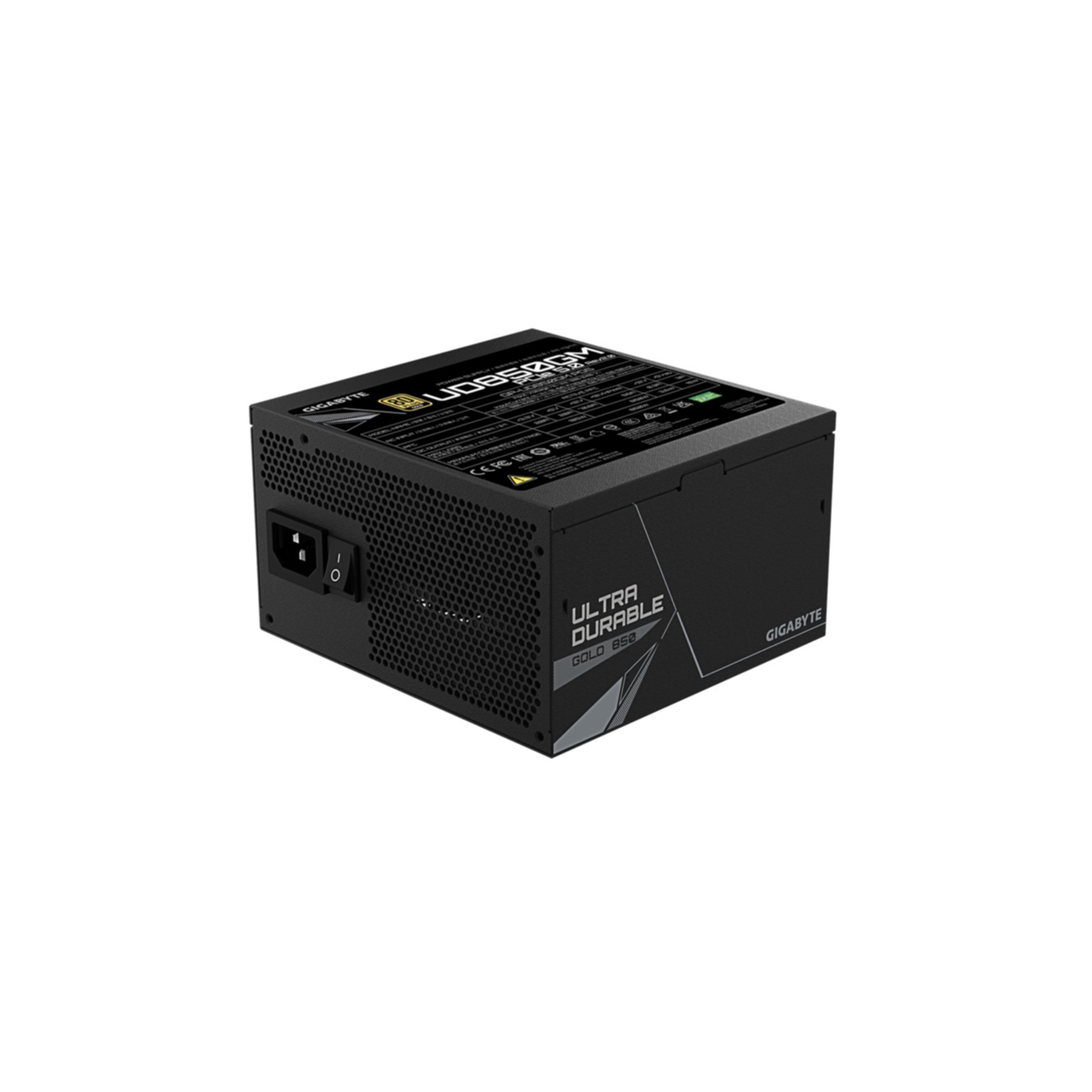 Black computer power supply unit with vents, power switch, and Gigabyte logo.
