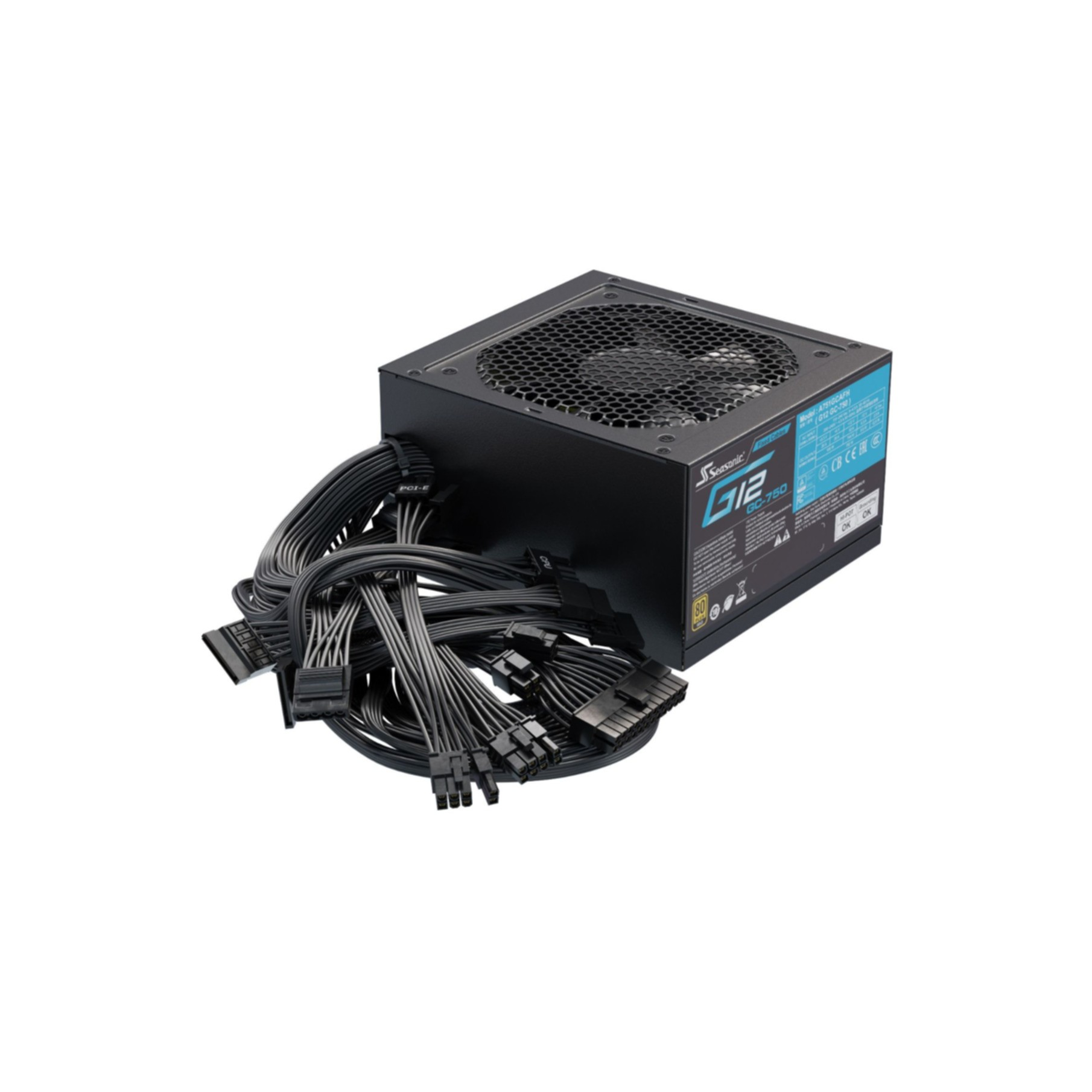 Czarny zasilacz z wieloma kablami, wentylator na górze, etykieta 'G12 GC-750'.