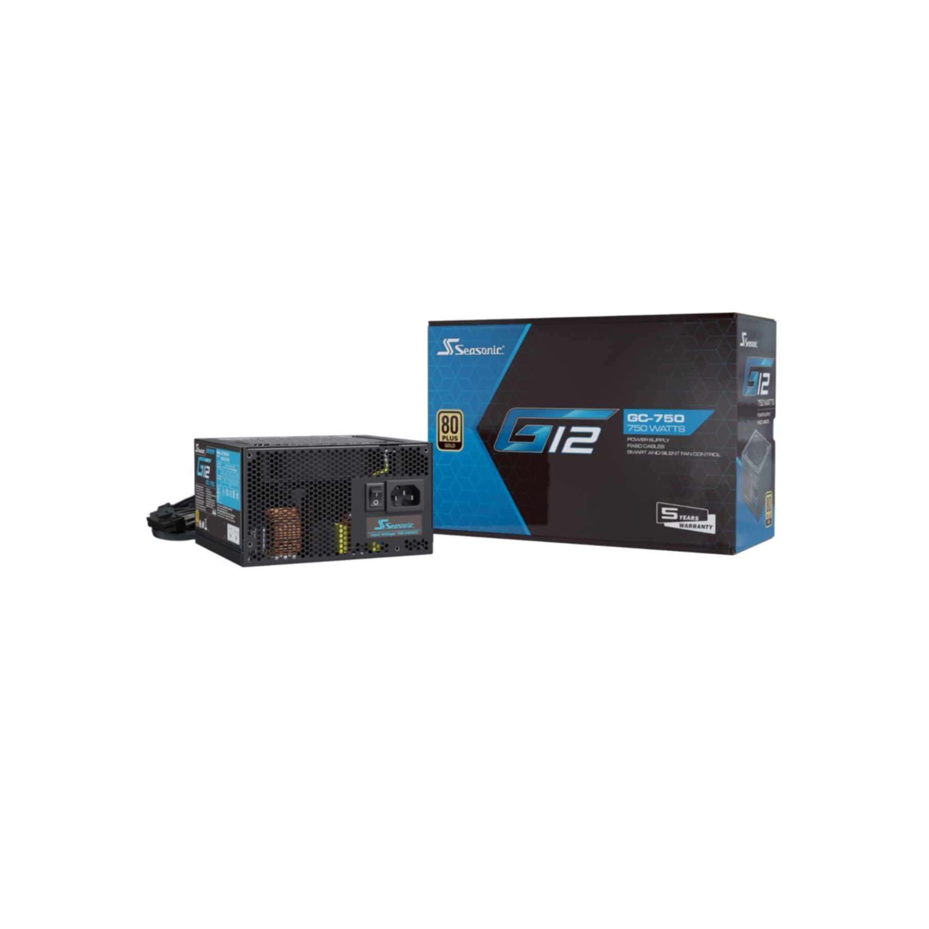 Czarny zasilacz komputerowy i pudełko z napisem "Seasonic G12 750W".