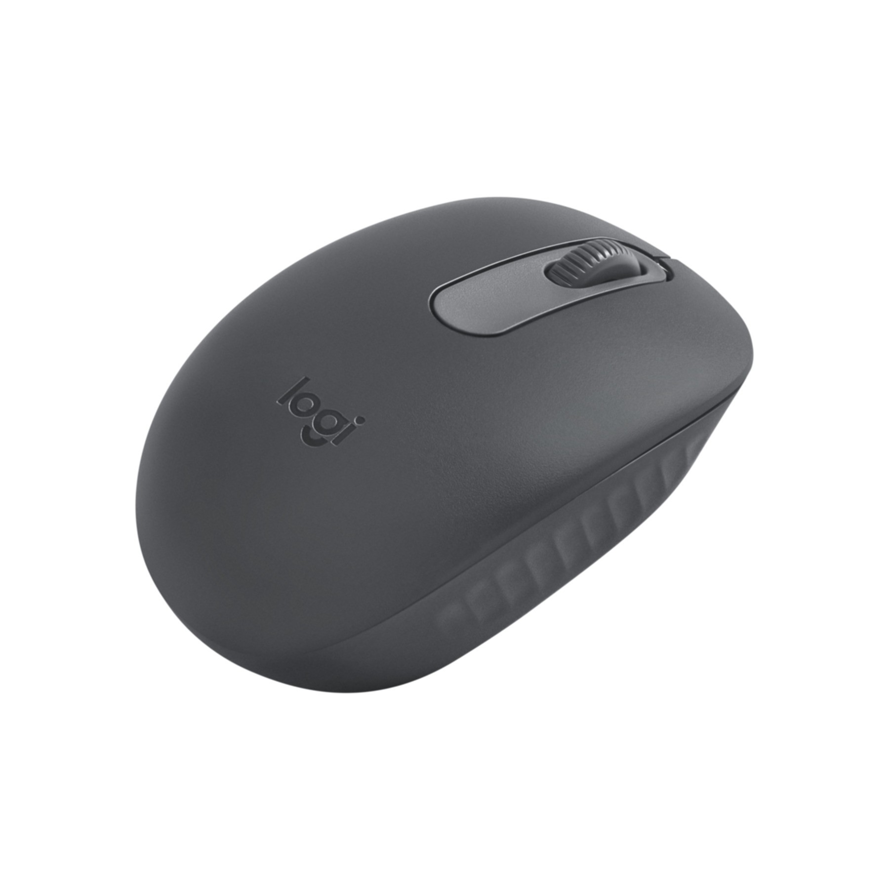 A gray Logitech computer mouse with a scroll wheel and textured sides.